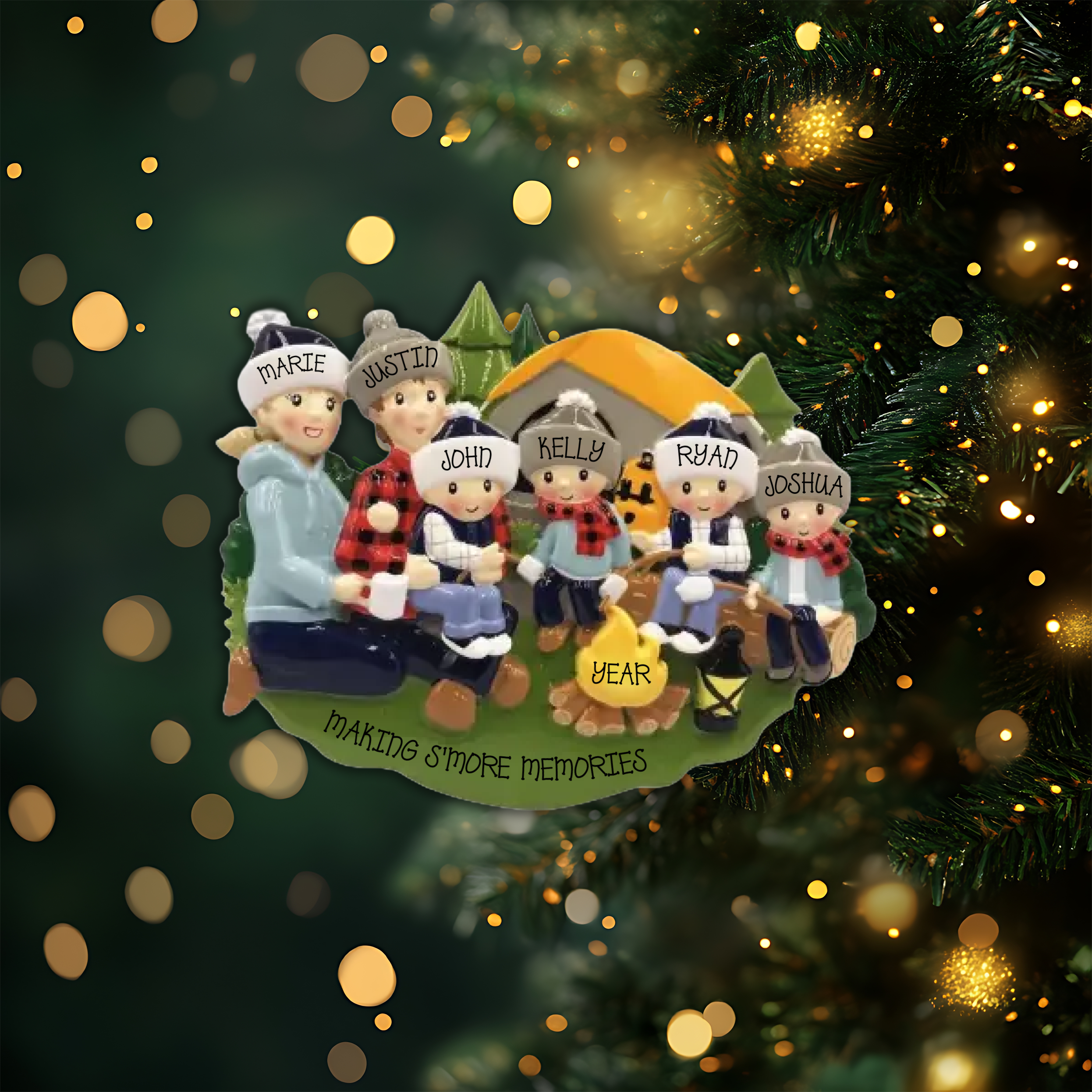 Camp Fire Family of 6 Personalized Christmas Ornament