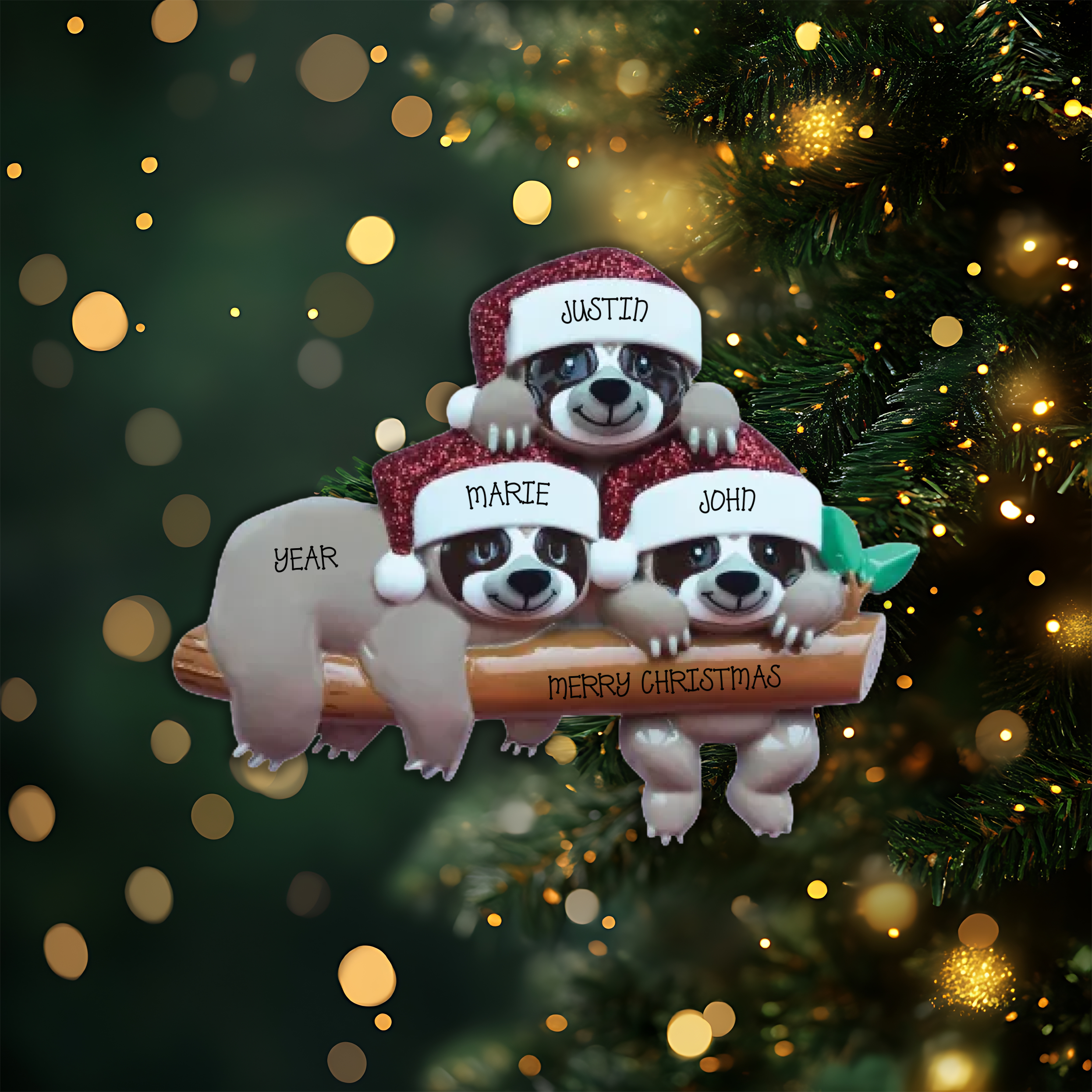 Sloth Family of 3 Personalized Christmas Ornament
