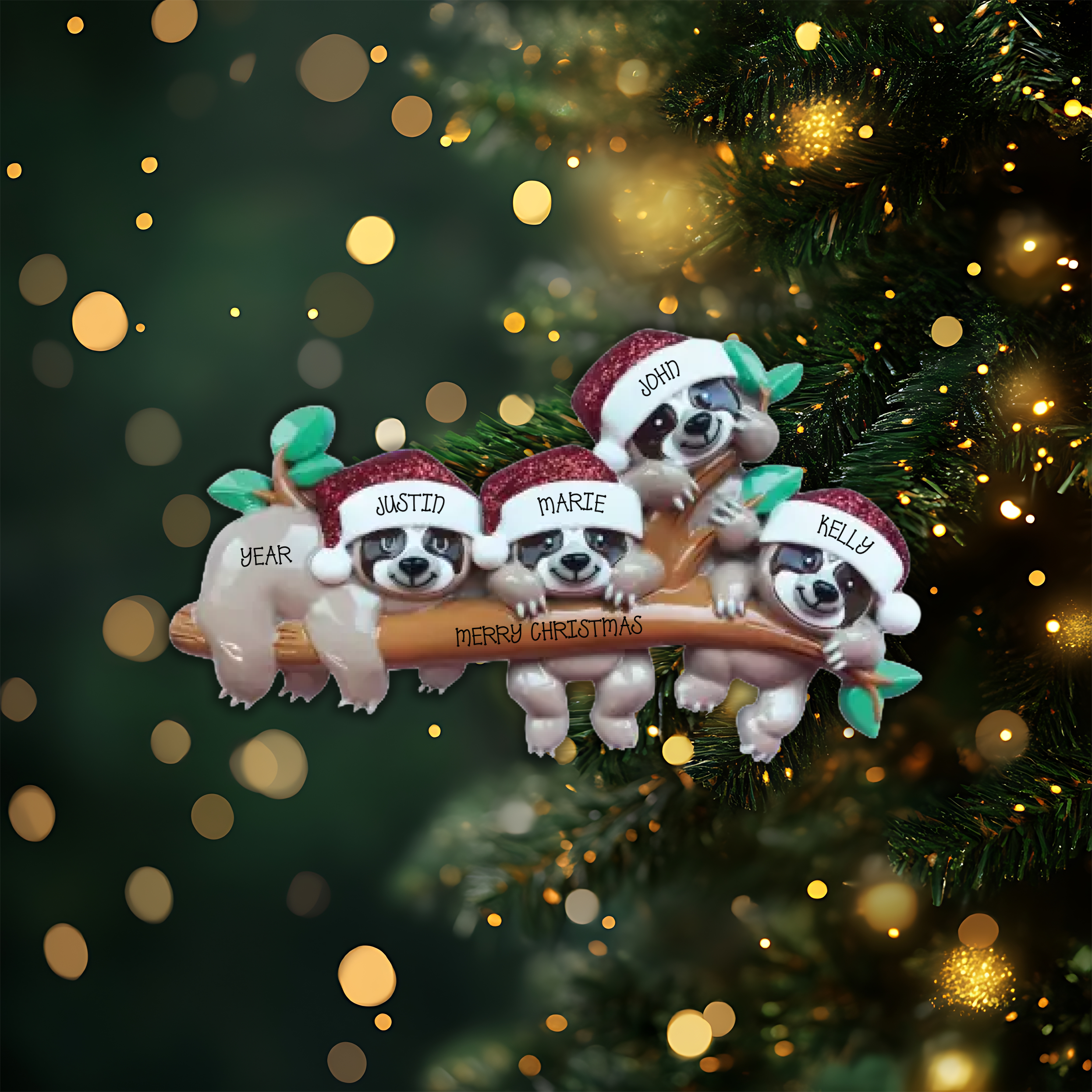 Sloth Family of 4 Personalized Christmas Ornament