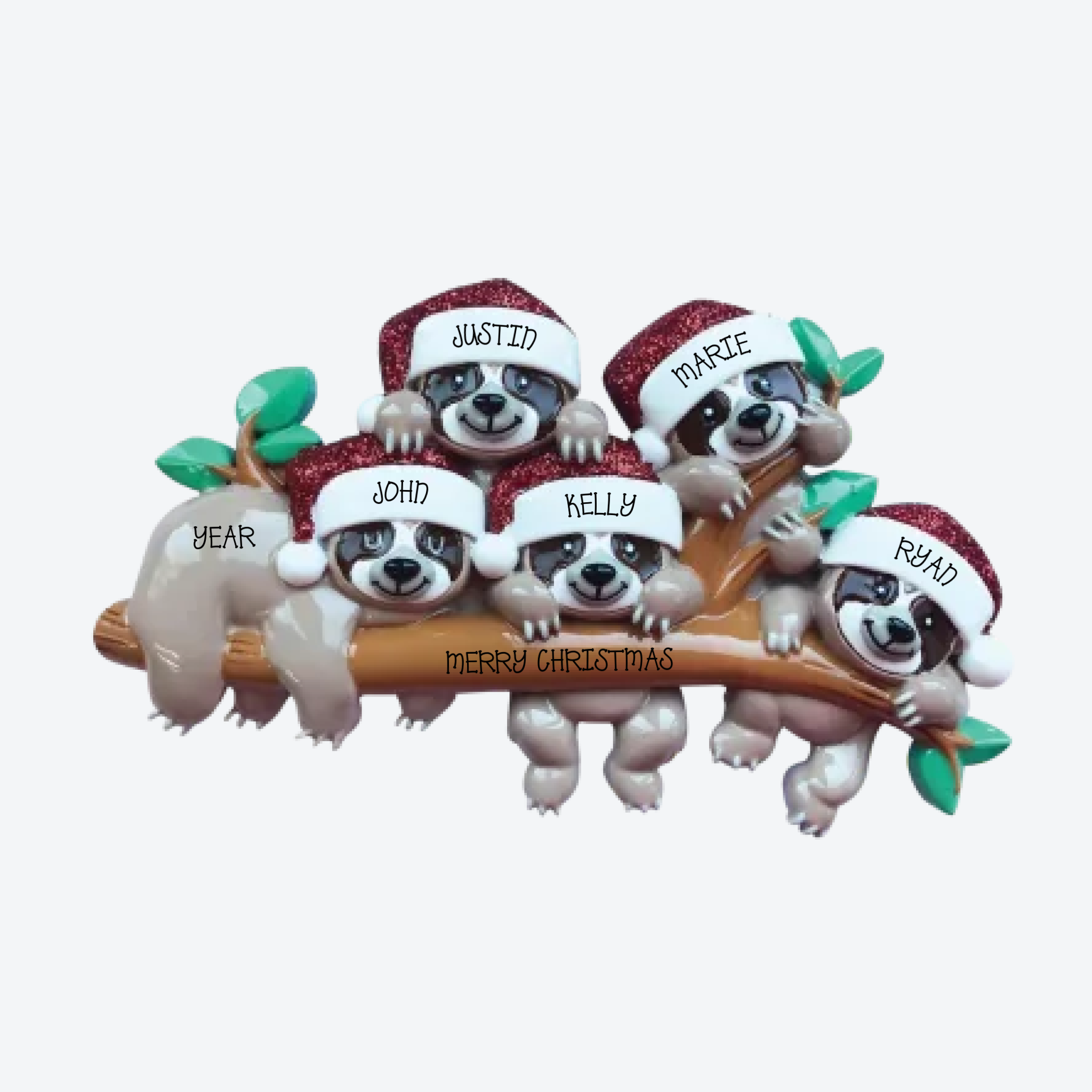 Sloth Family of 5 Personalized Christmas Ornament