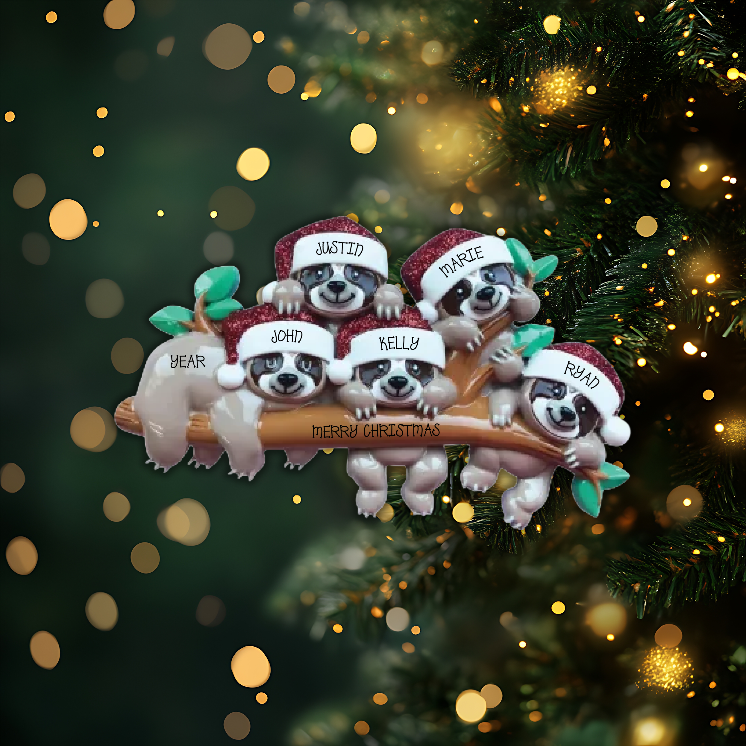 Sloth Family of 5 Personalized Christmas Ornament