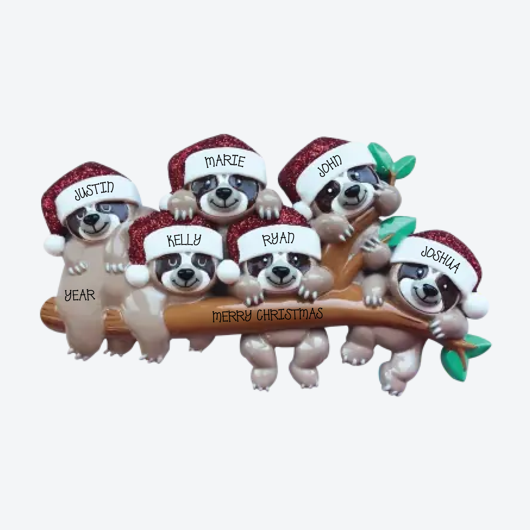 Sloth Family of 6 Personalized Christmas Ornament