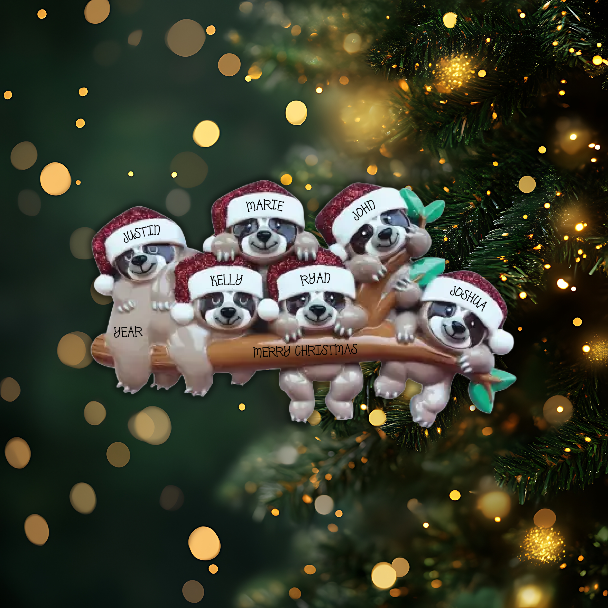 Sloth Family of 6 Personalized Christmas Ornament