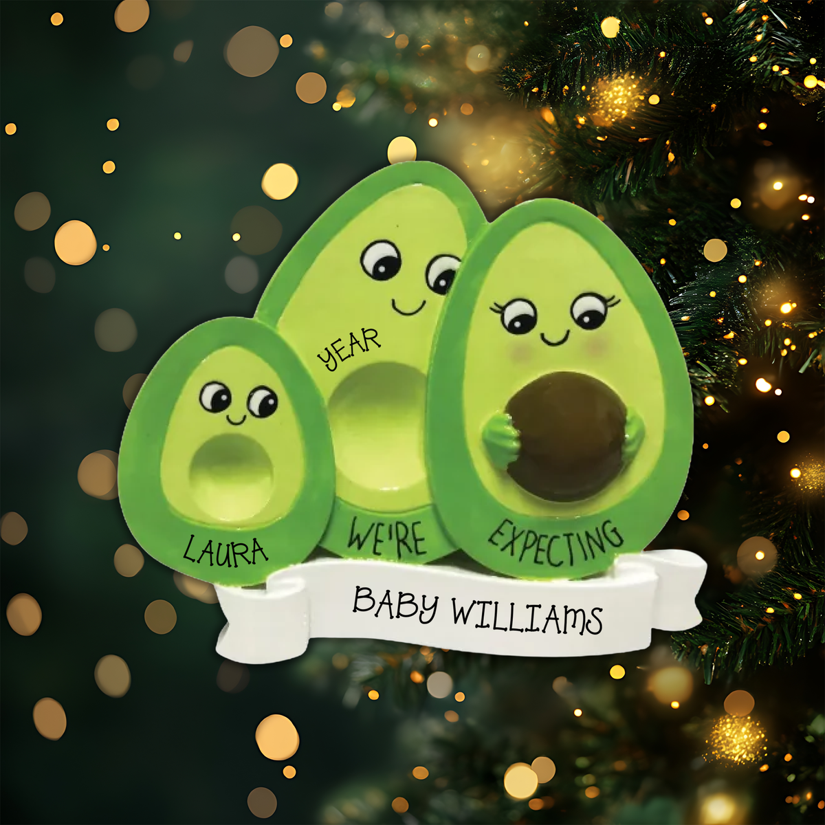 Avocado Family Expecting with 1 Child Personalized Christmas Ornament