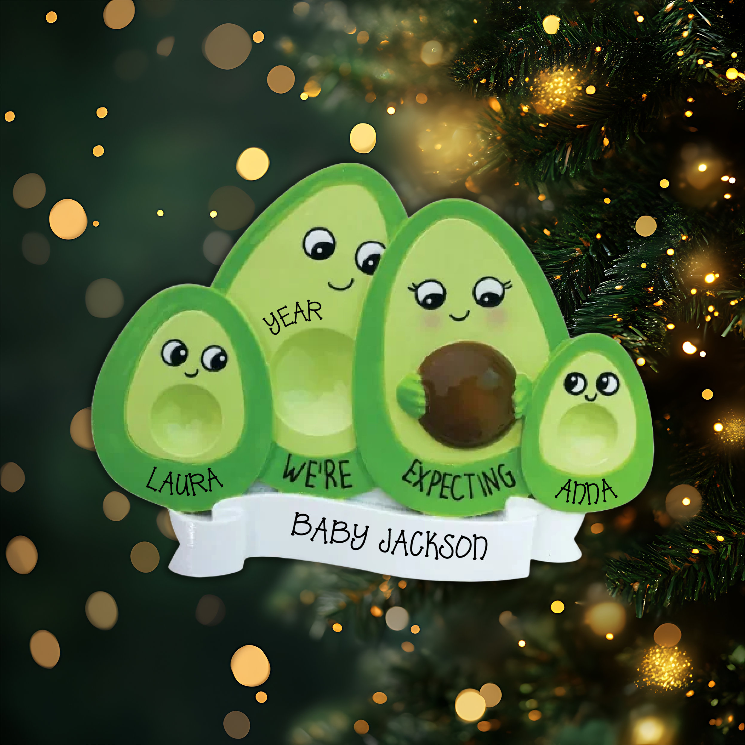 Avocado Family Expecting with 2 Children Personalized Christmas Ornament