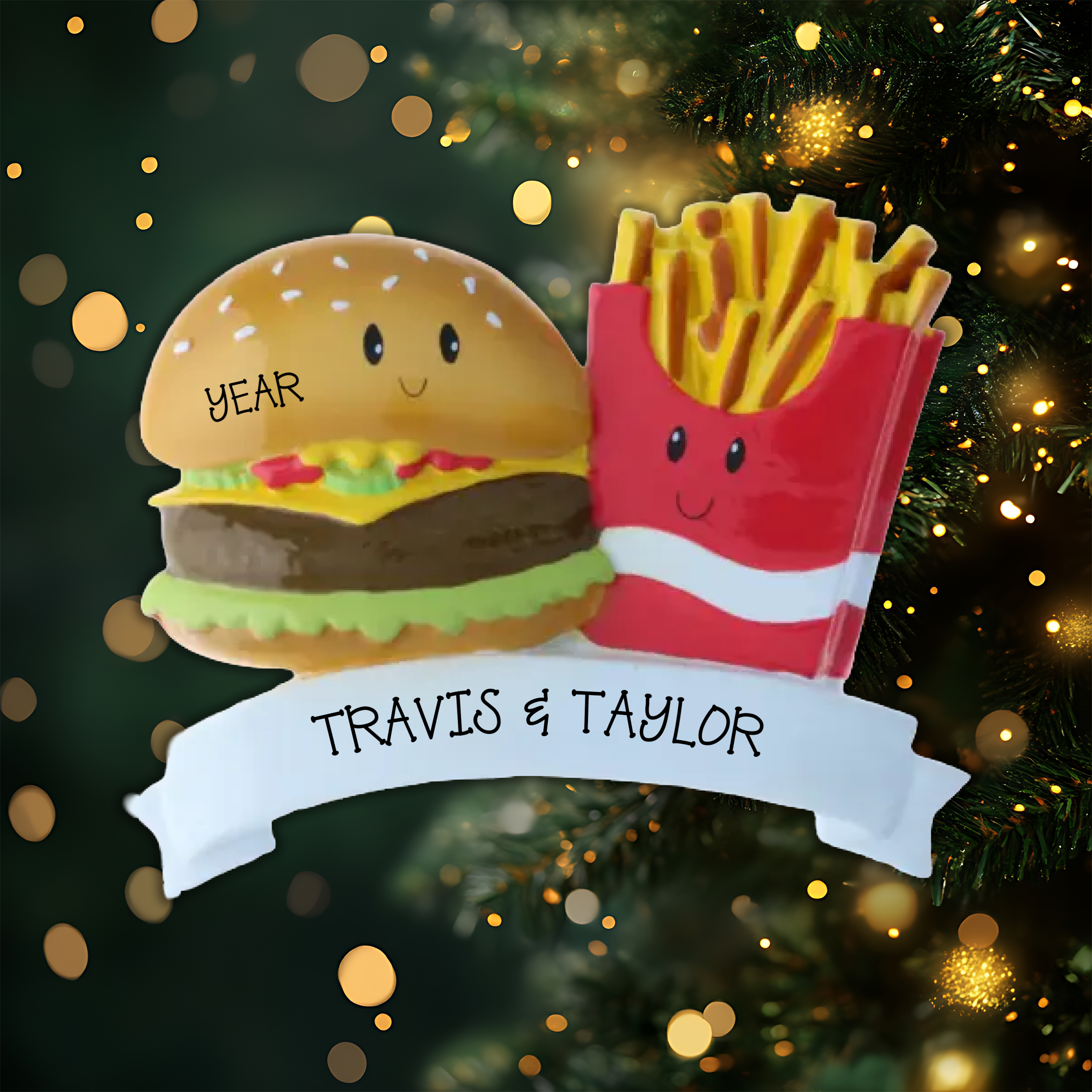 Burger & Fries Couple Personalized Christmas Ornament