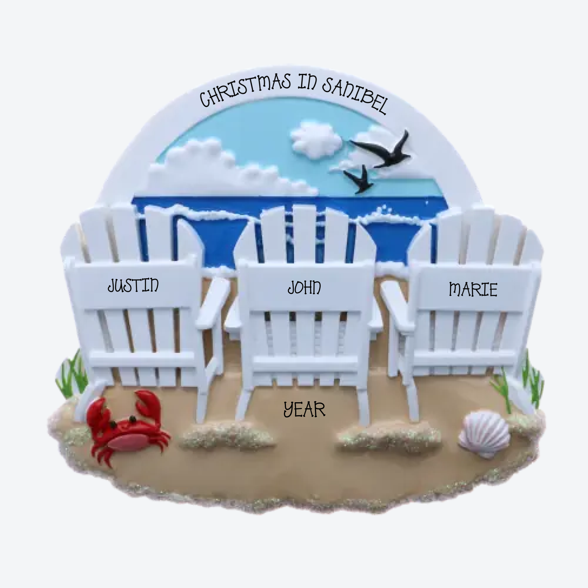 Beach Chairs Family of 3 Personalized Christmas Ornament