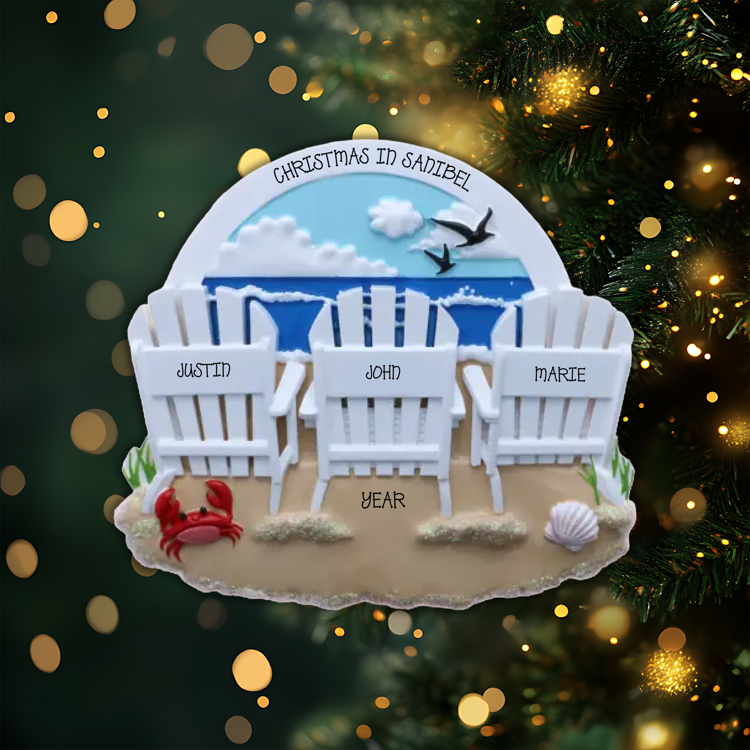 Beach Chairs Family of 3 Personalized Christmas Ornament