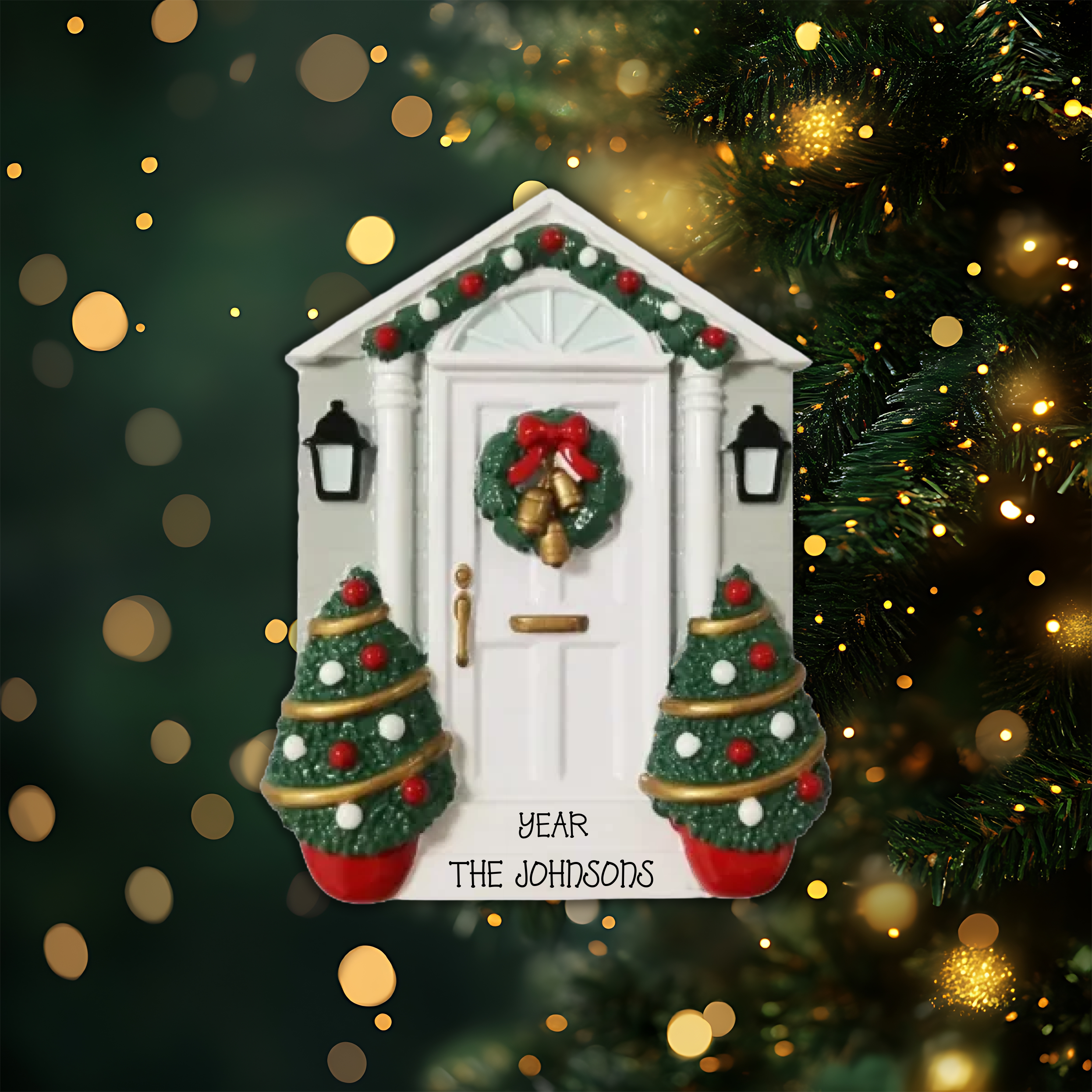 White Door With Wreath Personalized Christmas Ornament