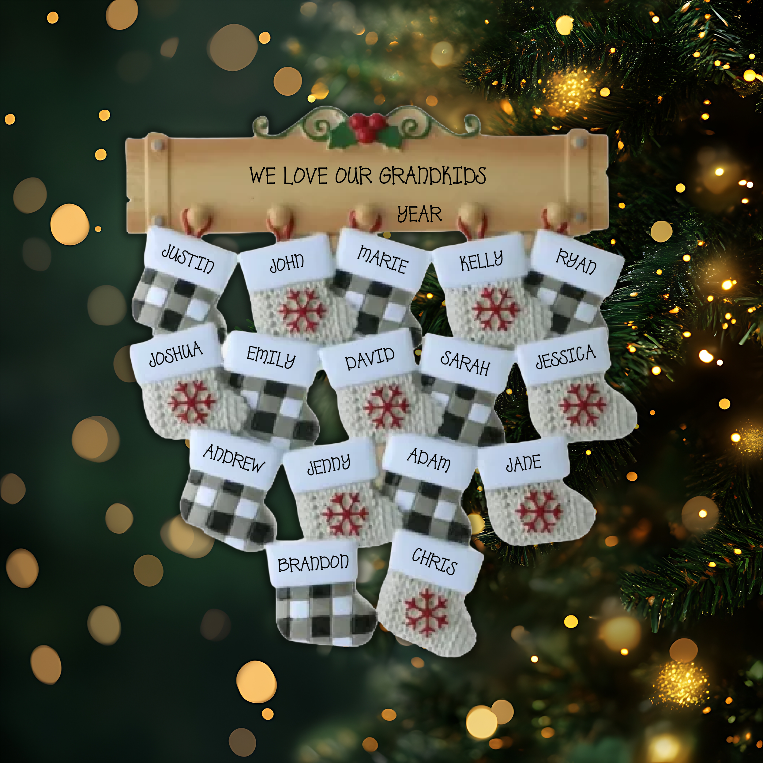 Mantle with 16 Stockings Personalized Christmas Ornament
