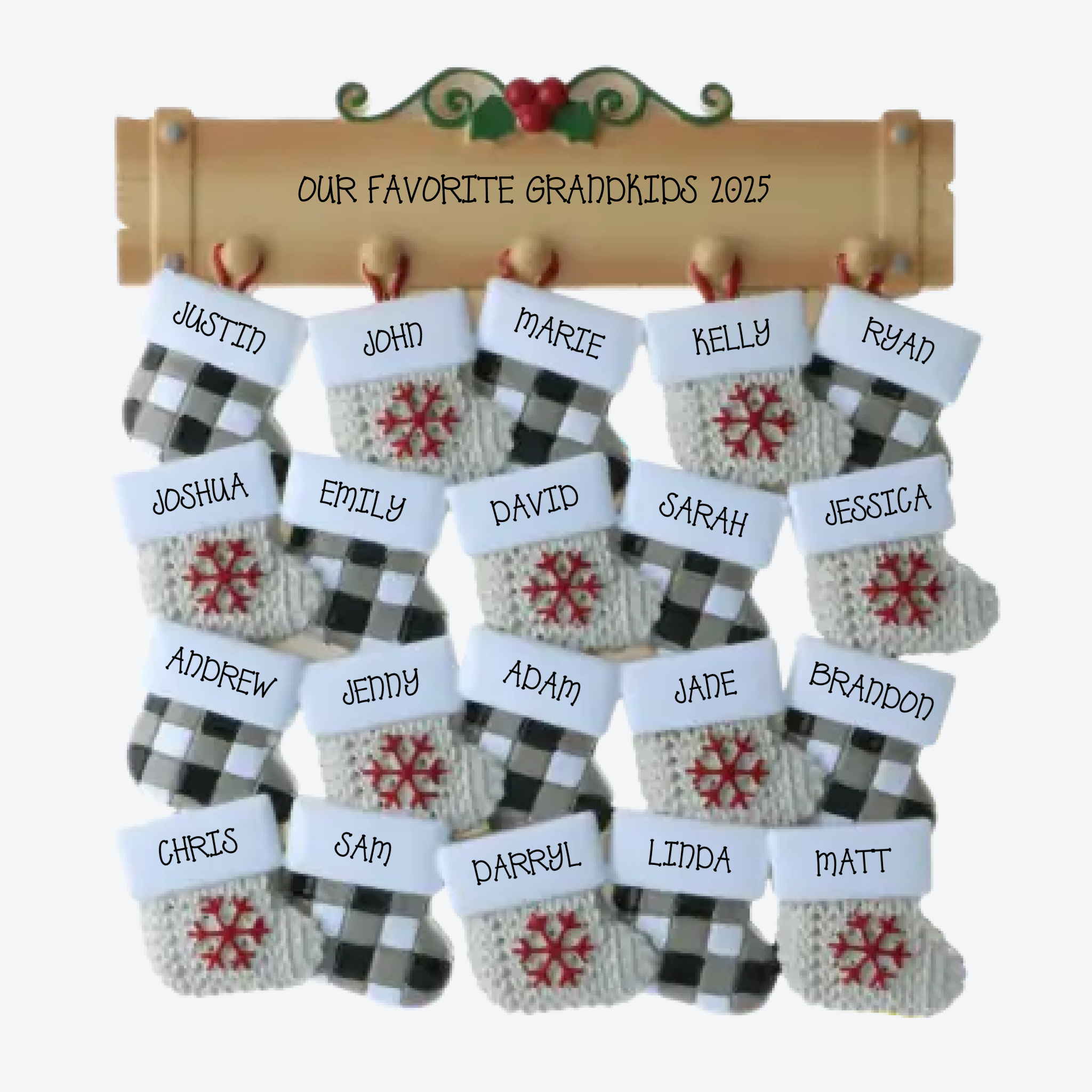 Mantle with 20 Stockings Personalized Christmas Ornament