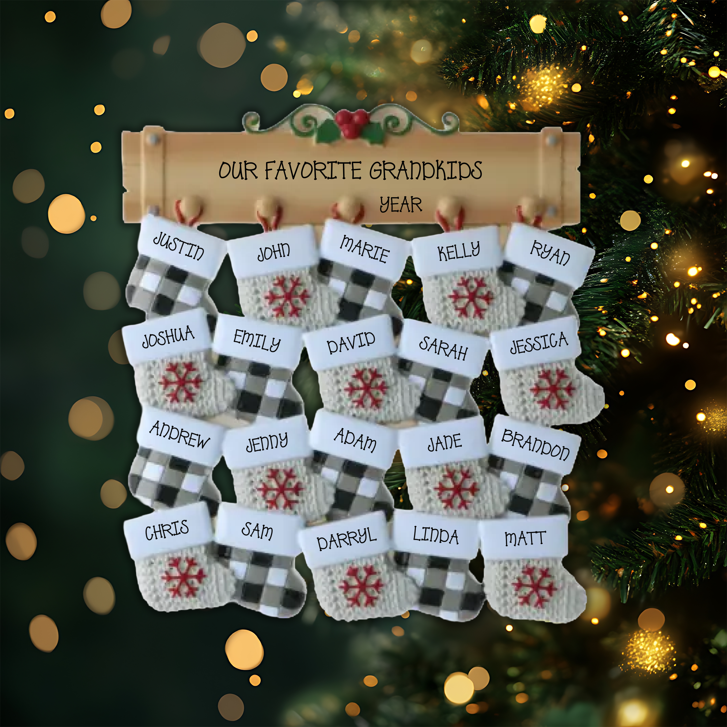 Mantle with 20 Stockings Personalized Christmas Ornament