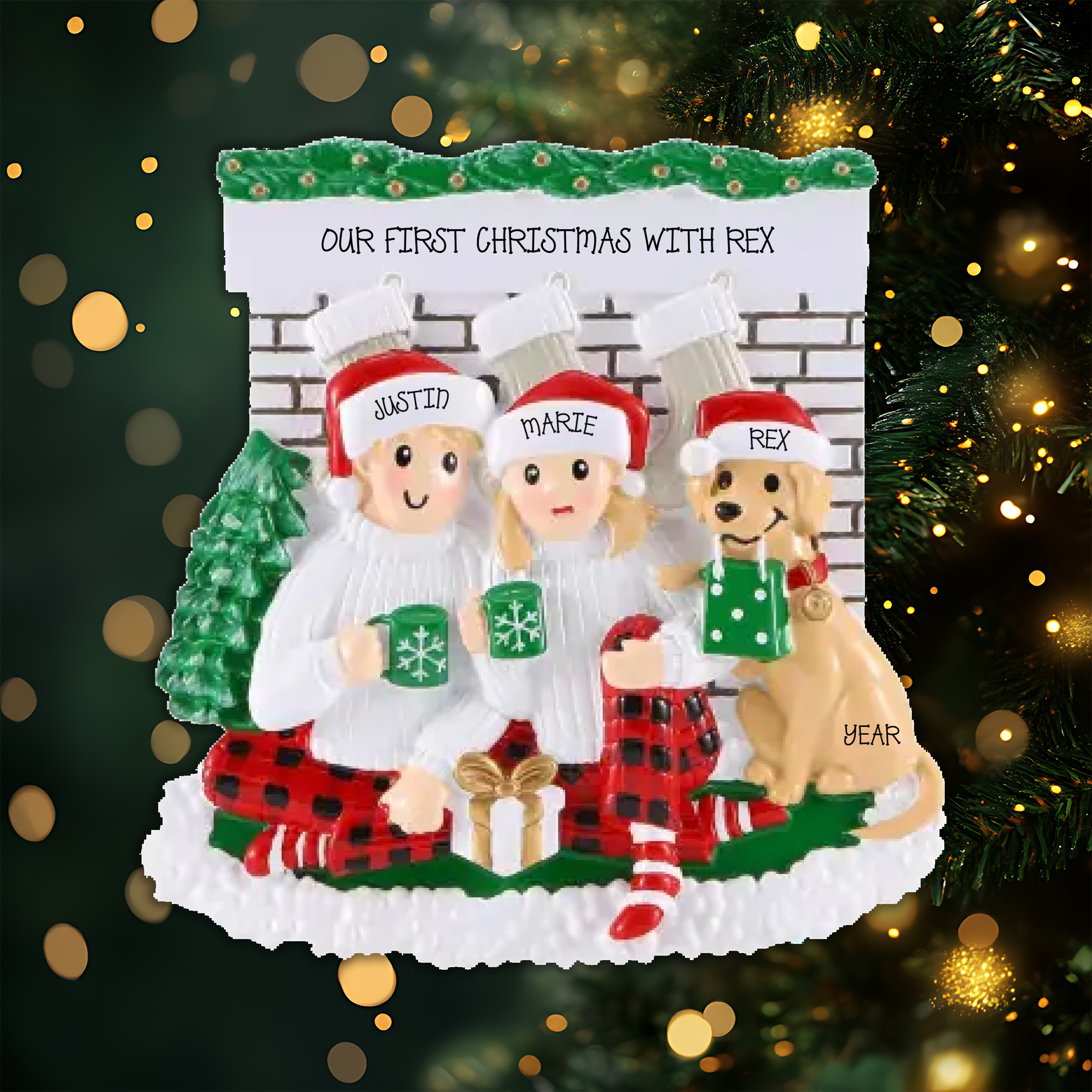 Sitting in Front of Fireplace Couple Personalized Christmas Ornament