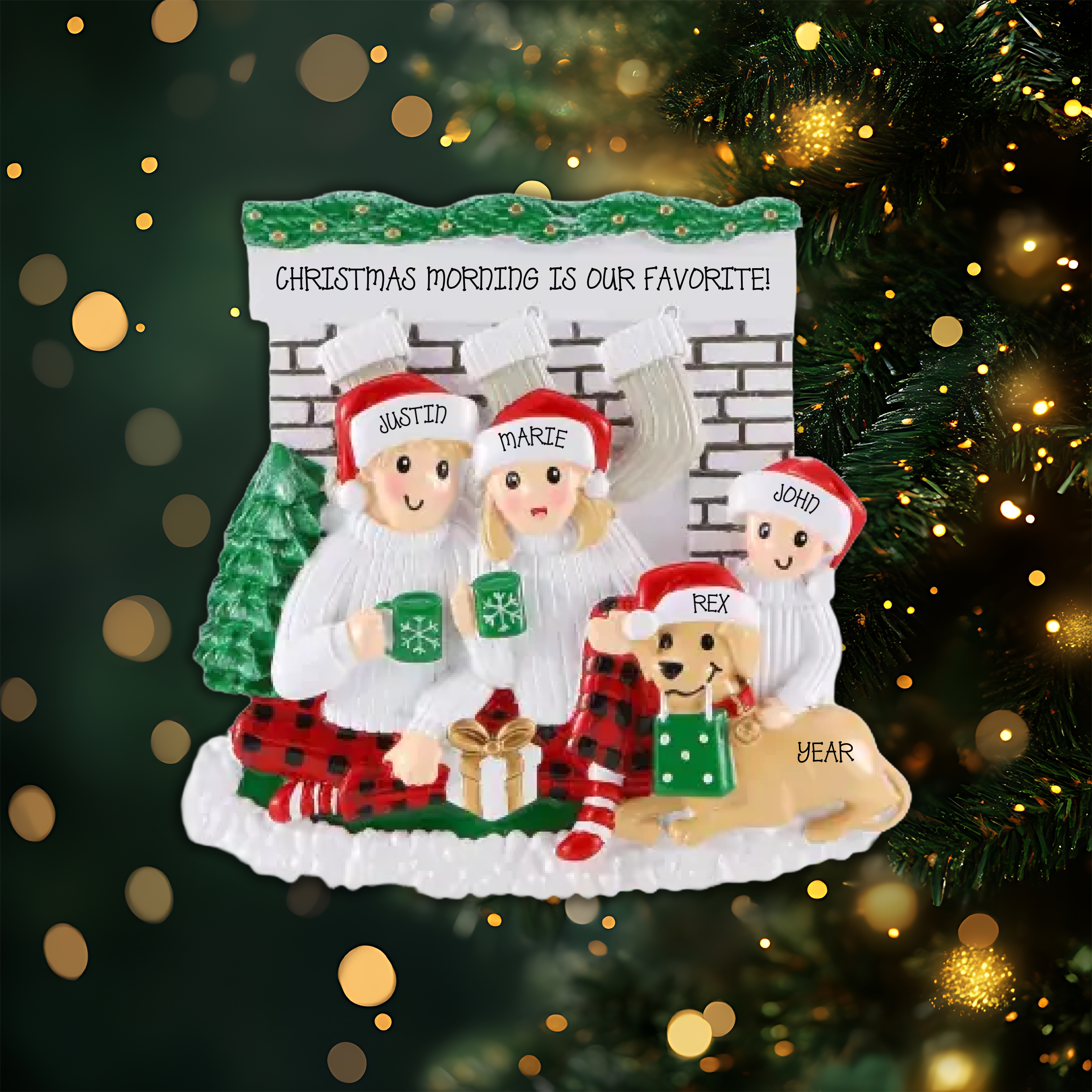 Sitting in Front of Fireplace Family of 3 Personalized Christmas Ornament