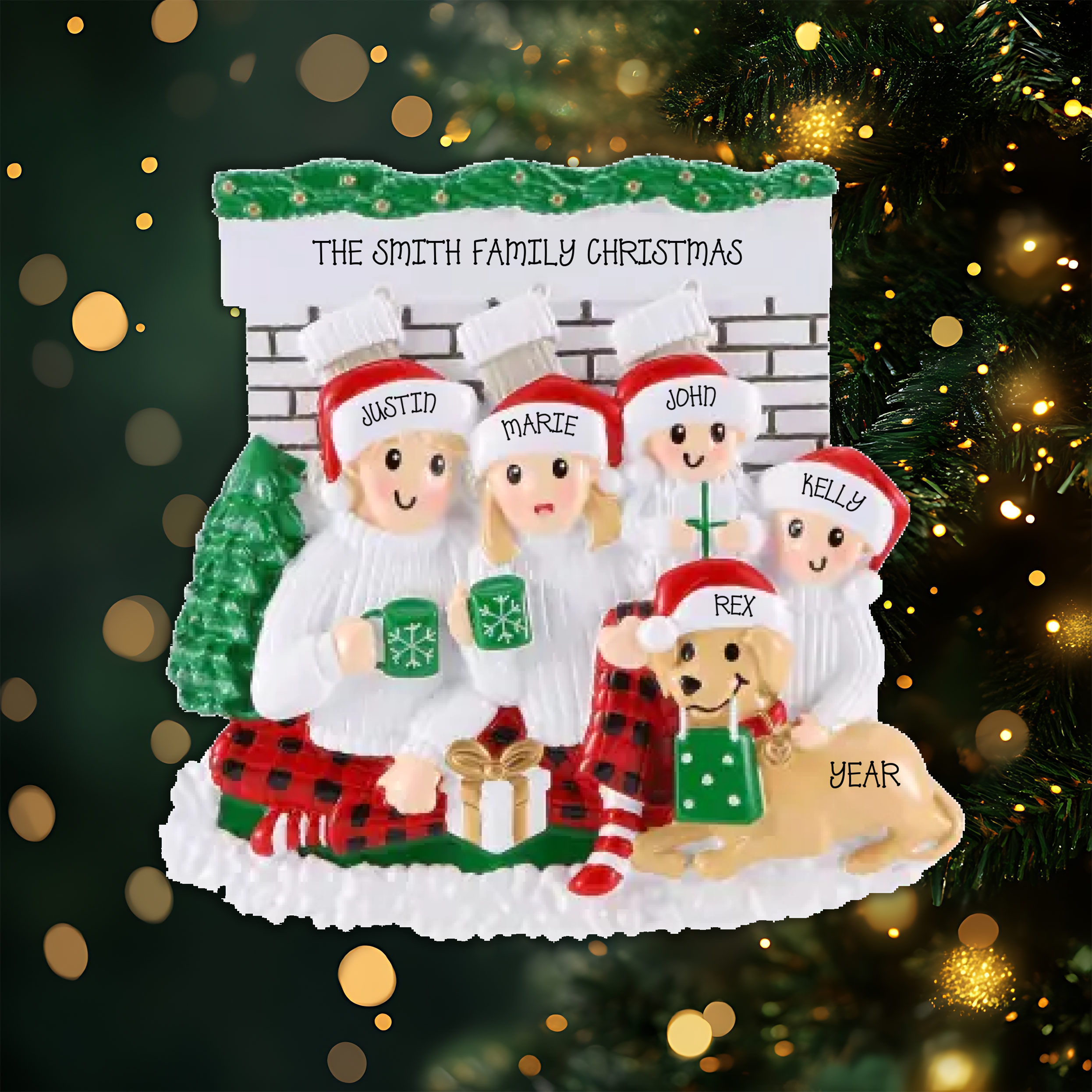 Sitting in Front of Fireplace Family of 4 Personalized Christmas Ornament