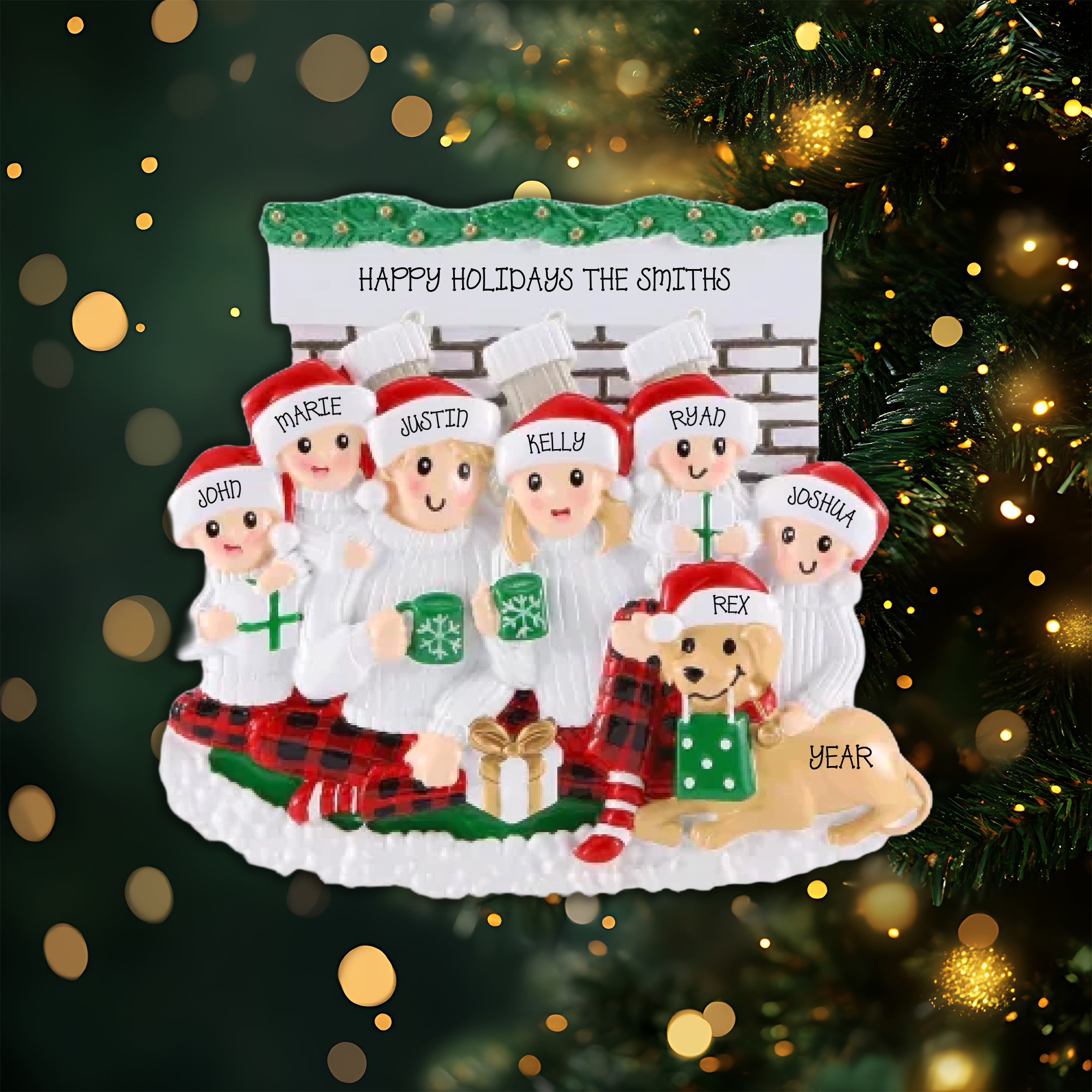 Sitting in Front of Fireplace Family of 6 Personalized Christmas Ornament