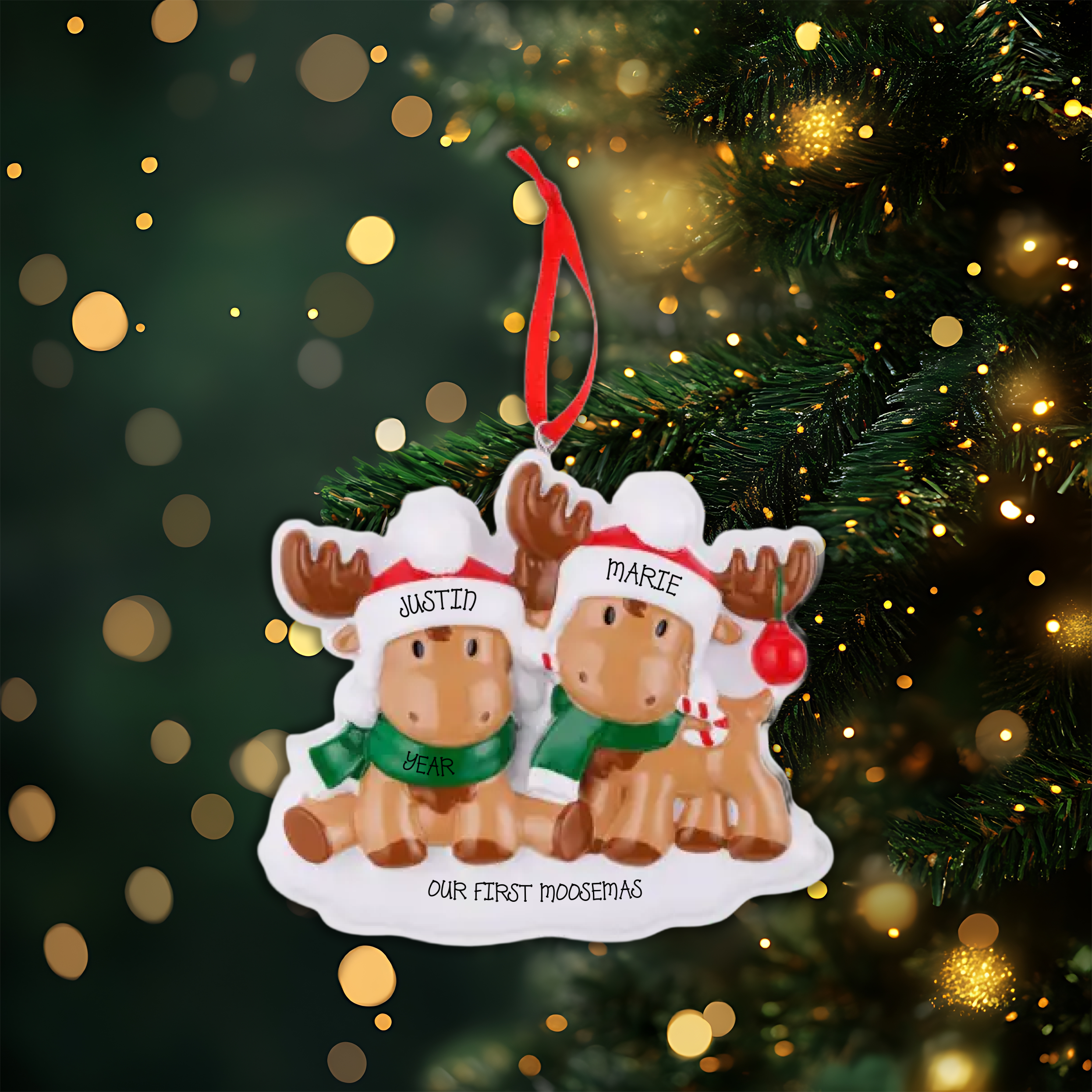 Cutesy Moose Couple Personalized Christmas Ornament