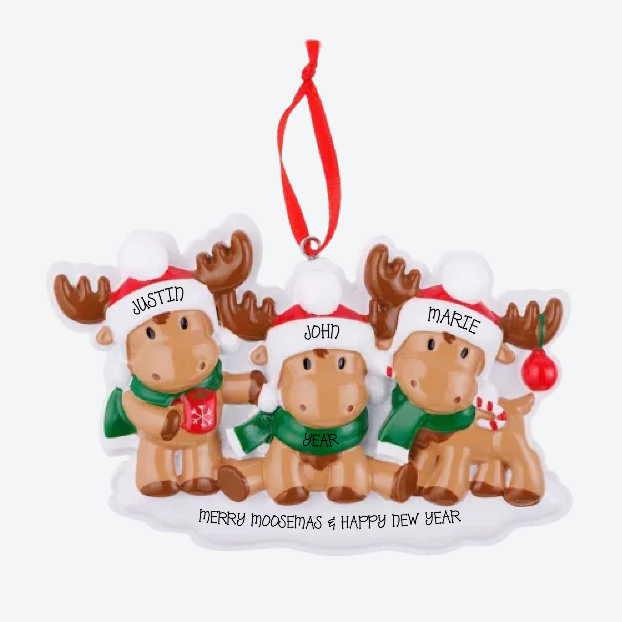 Cutesy Moose Family of 3 Personalized Christmas Ornament