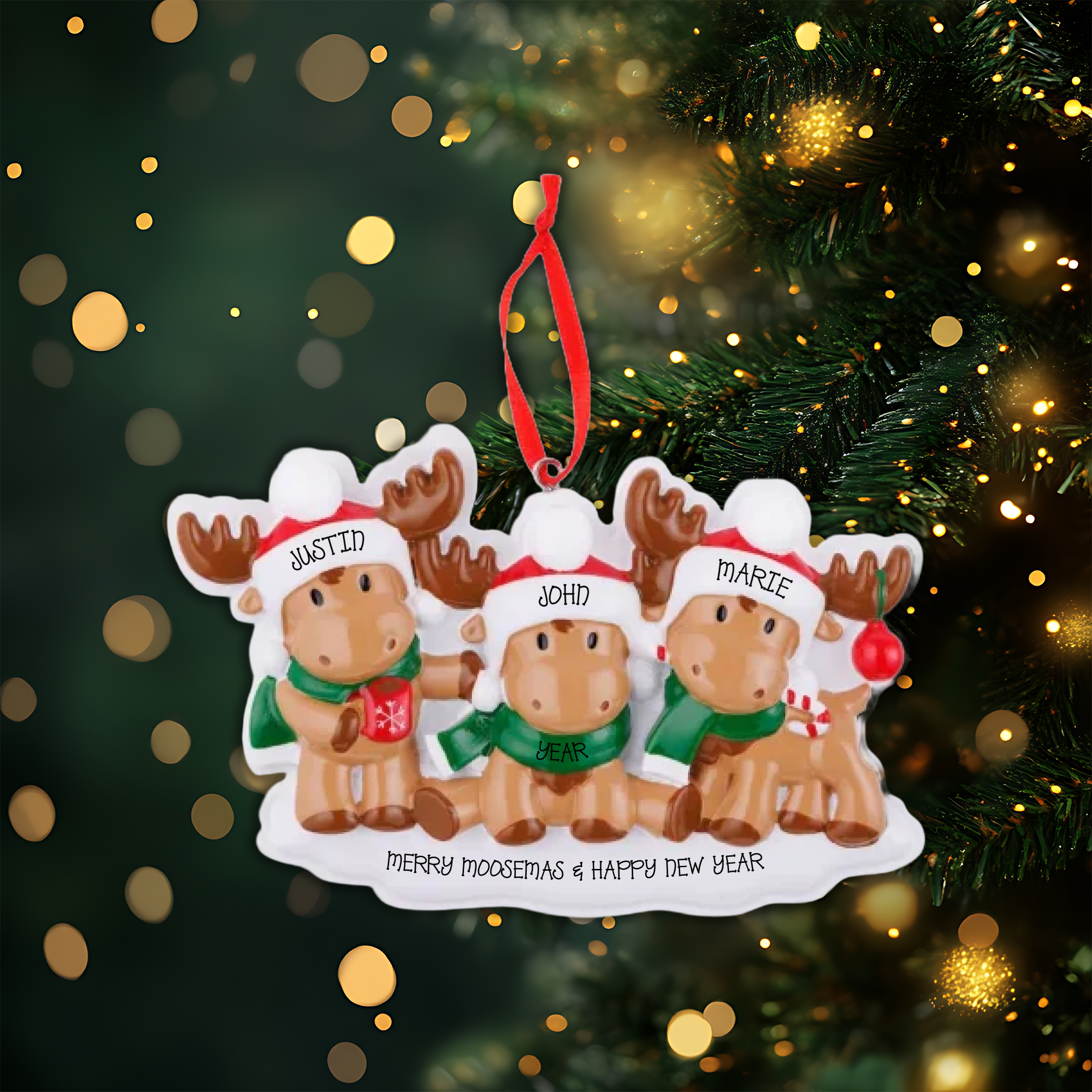Cutesy Moose Family of 3 Personalized Christmas Ornament