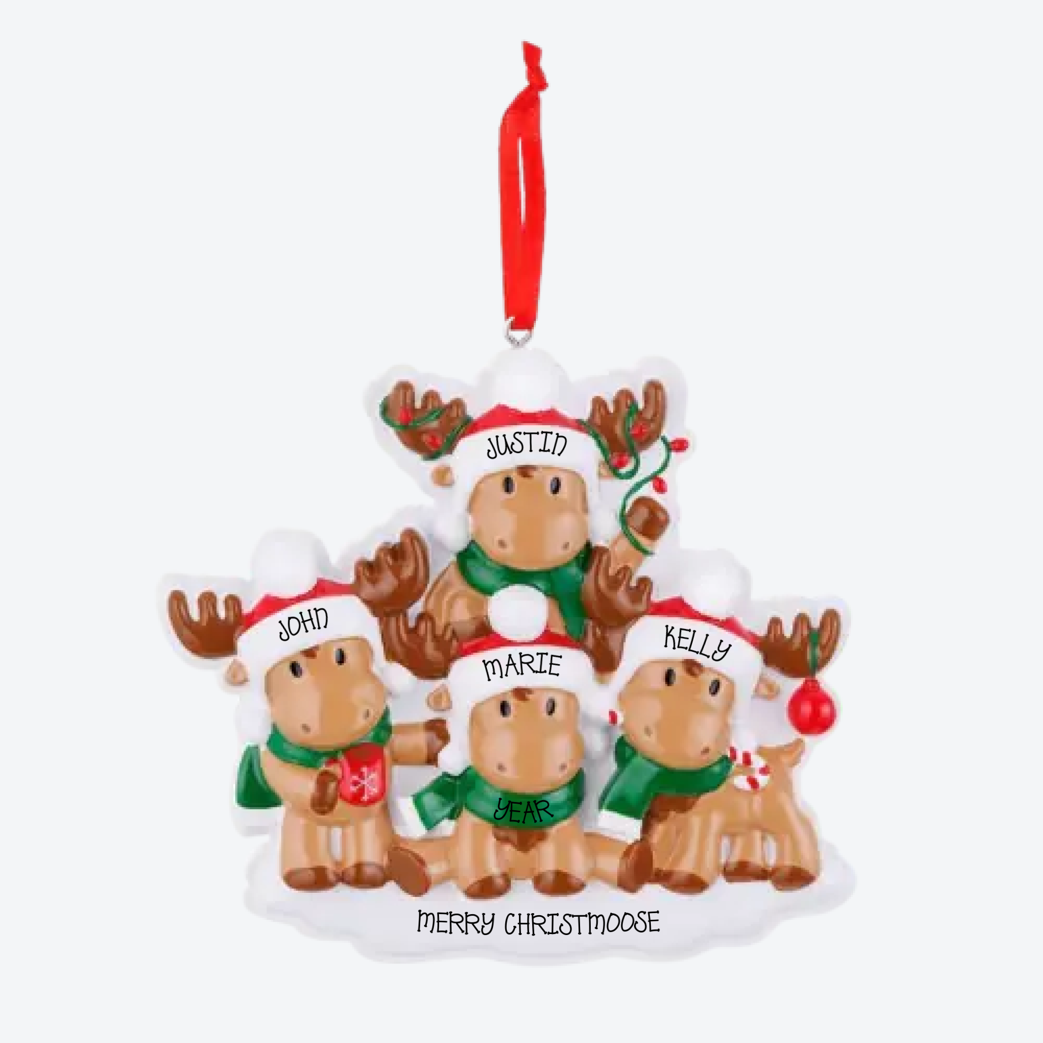Cutesy Moose Family of 4 Personalized Christmas Ornament