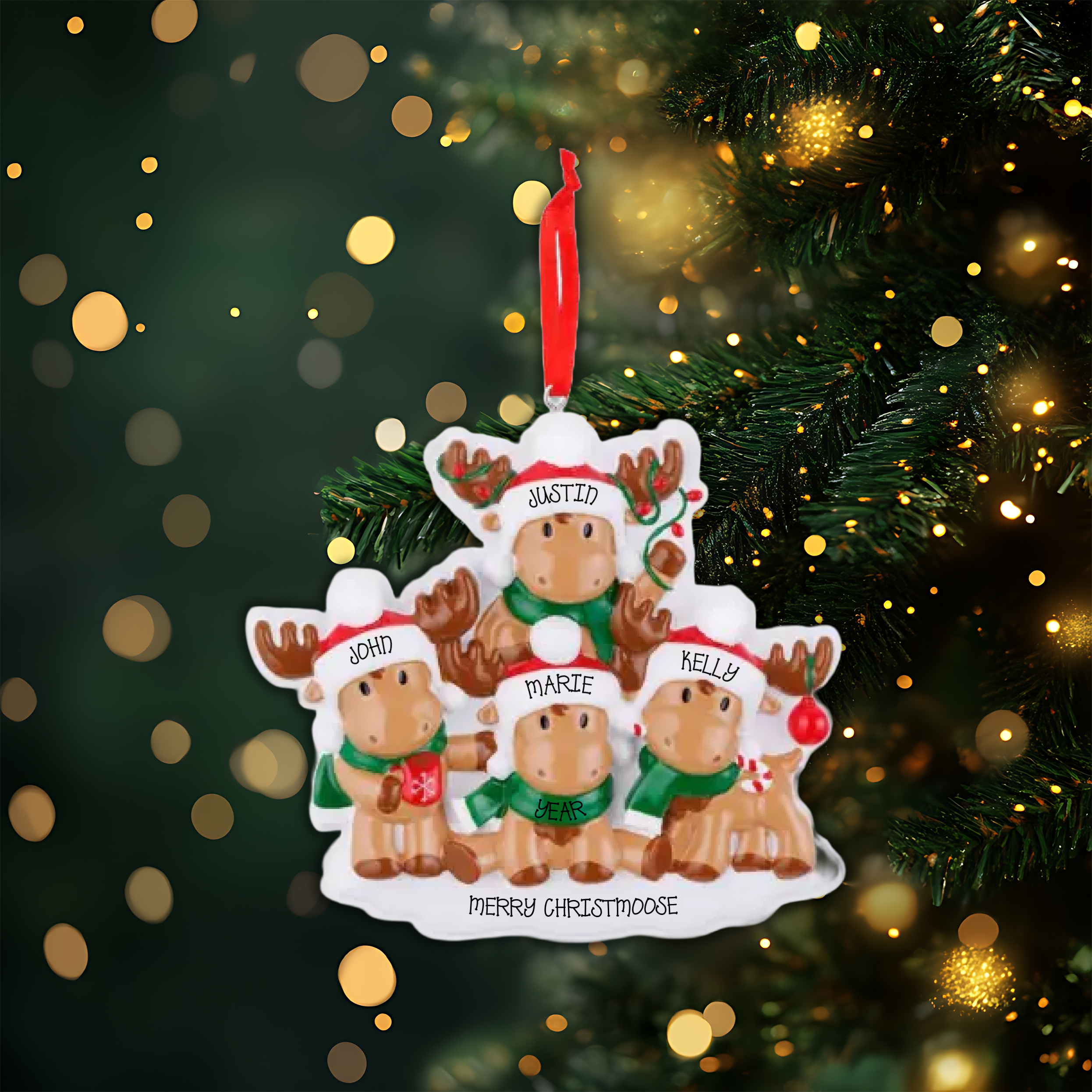 Cutesy Moose Family of 4 Personalized Christmas Ornament