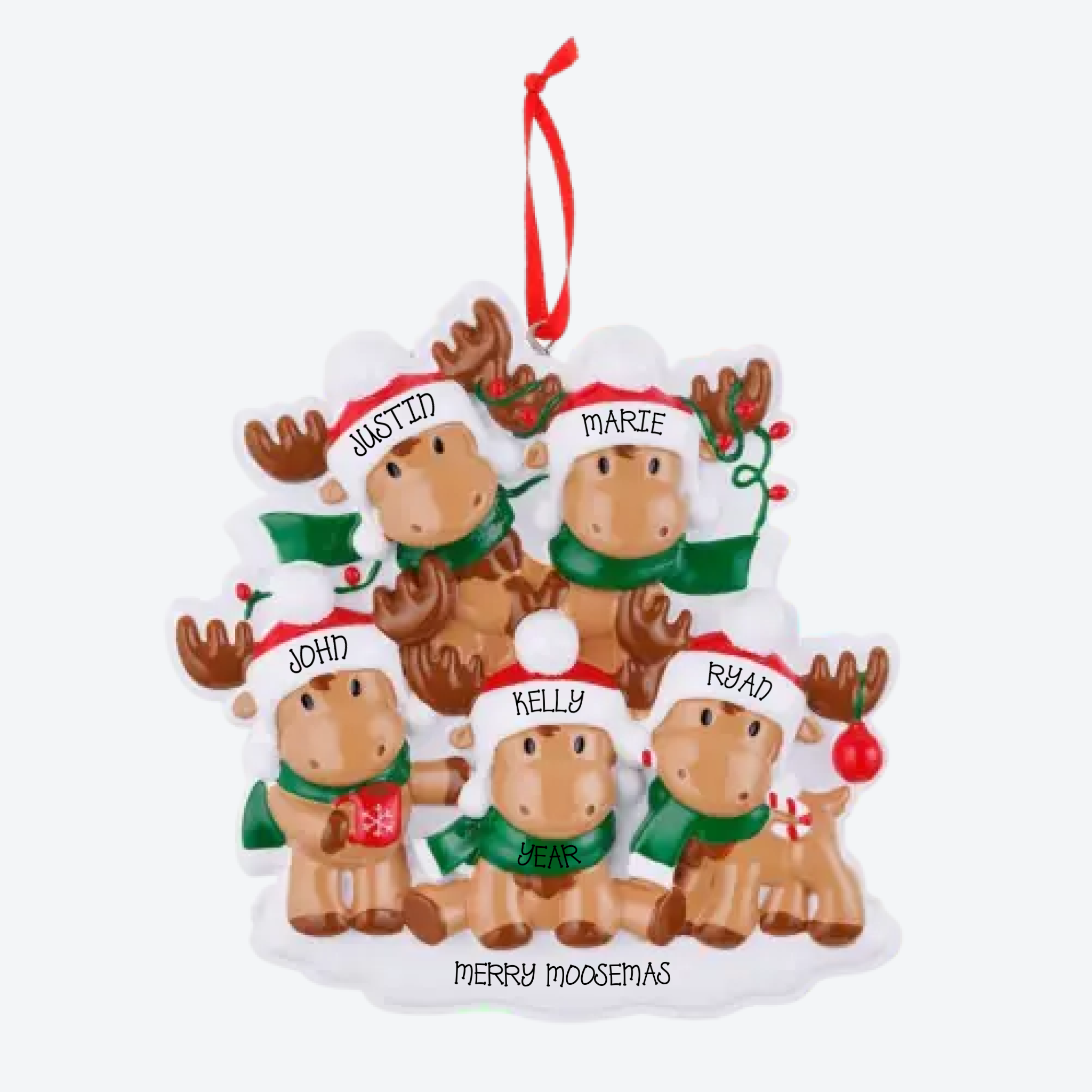 Cutesy Moose Family of 5 Personalized Christmas Ornament