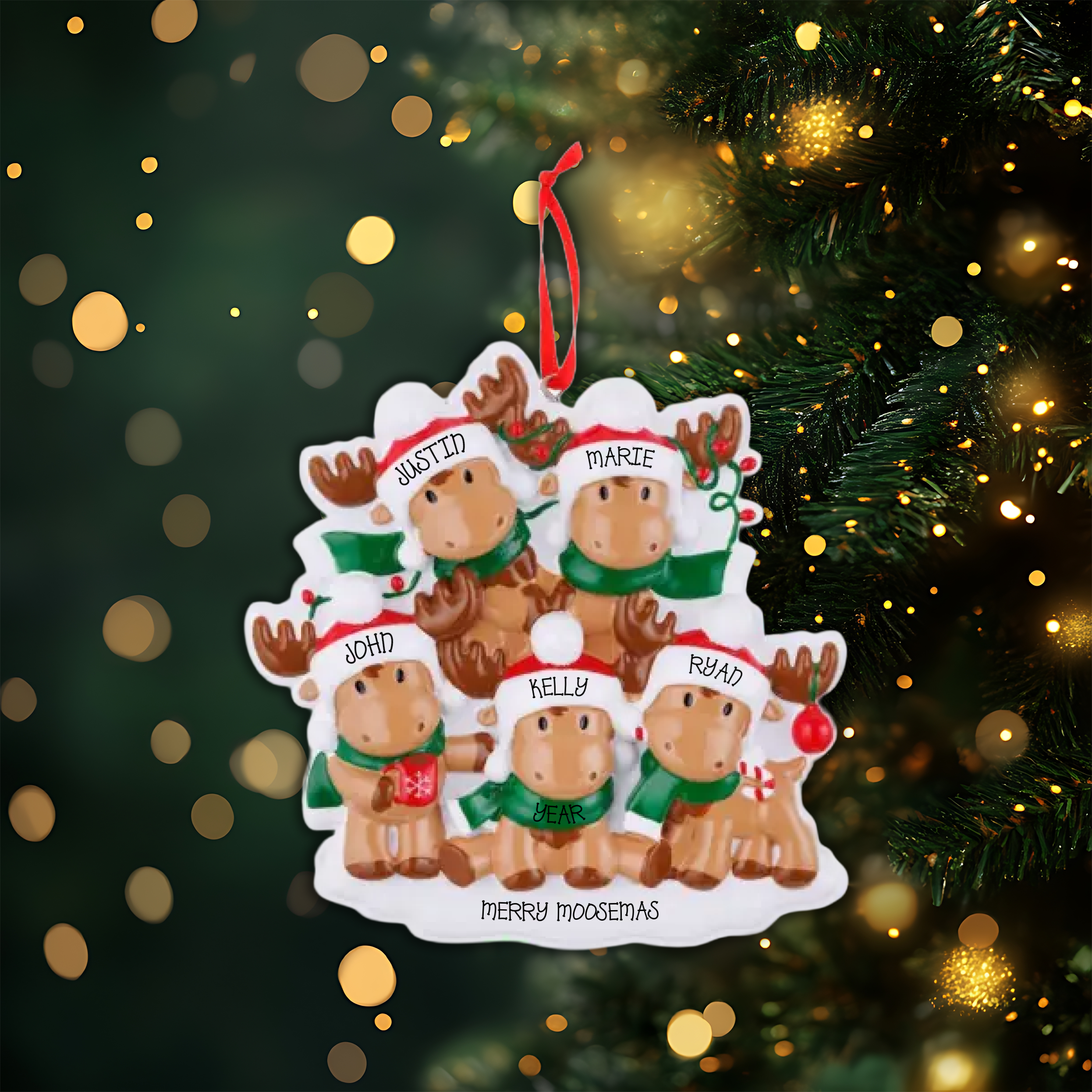 Cutesy Moose Family of 5 Personalized Christmas Ornament