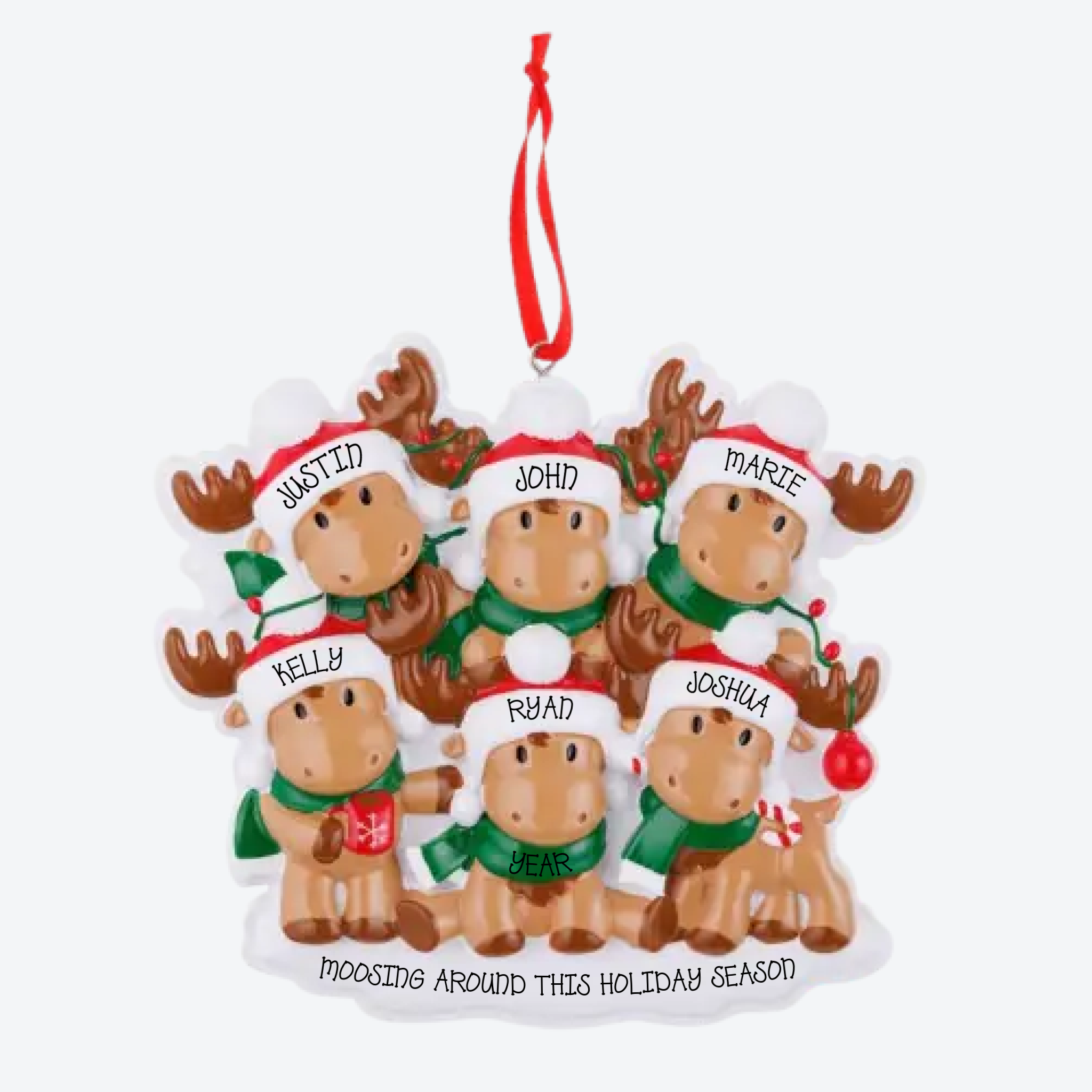 Cutesy Moose Family of 6 Personalized Christmas Ornament