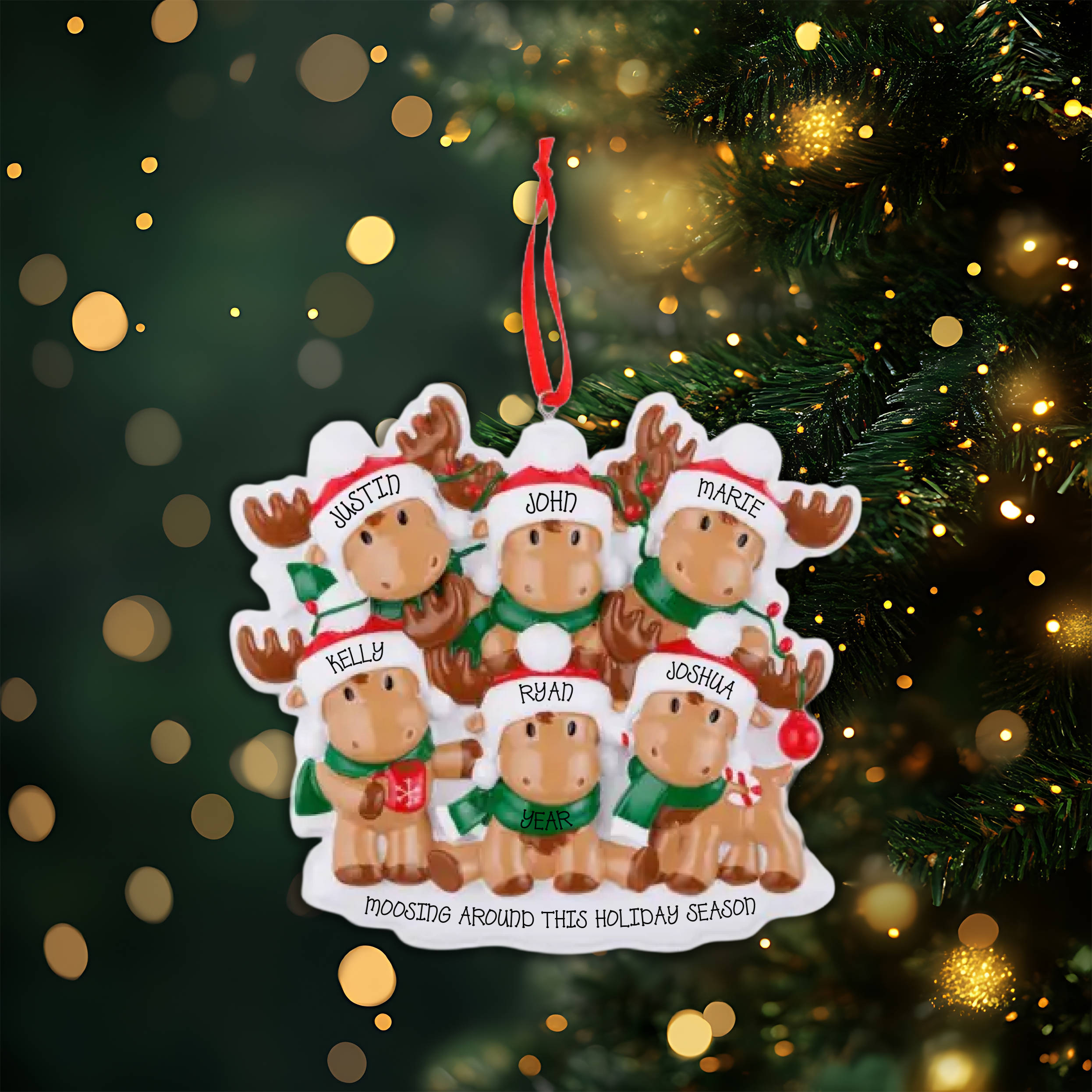 Cutesy Moose Family of 6 Personalized Christmas Ornament