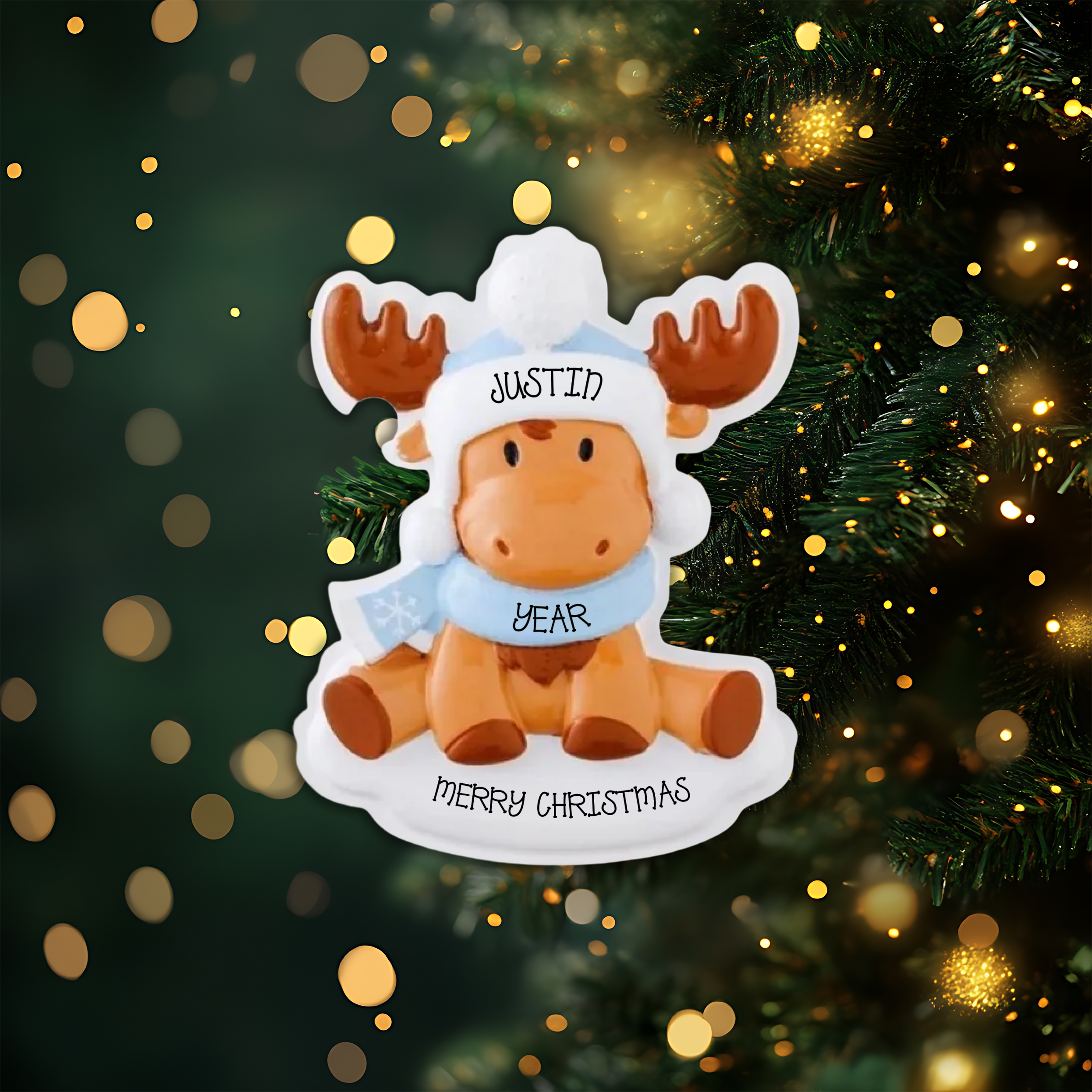 Moose Baby Blue Personalized Christmas Ornament