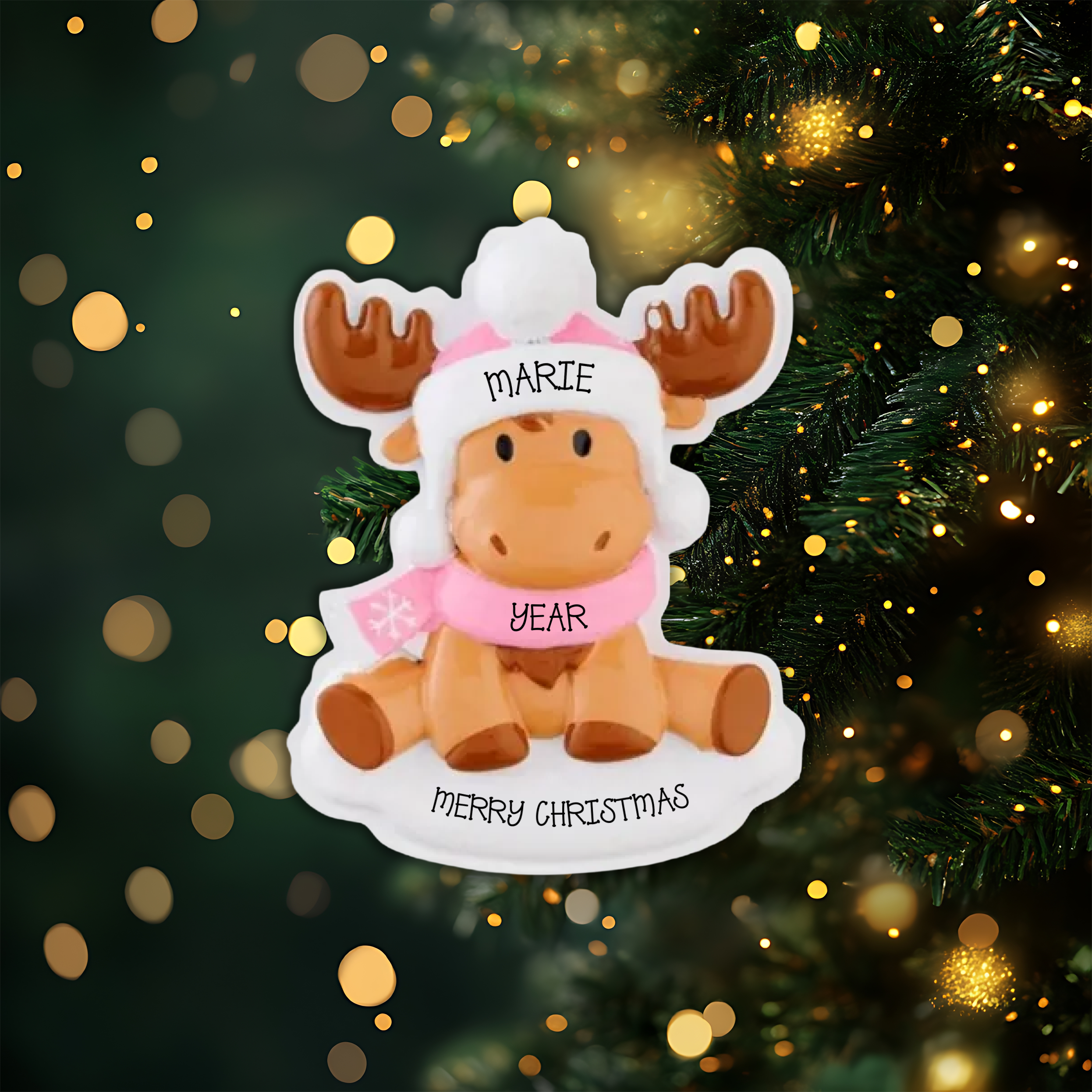 Moose Baby Pink Personalized Christmas Ornament