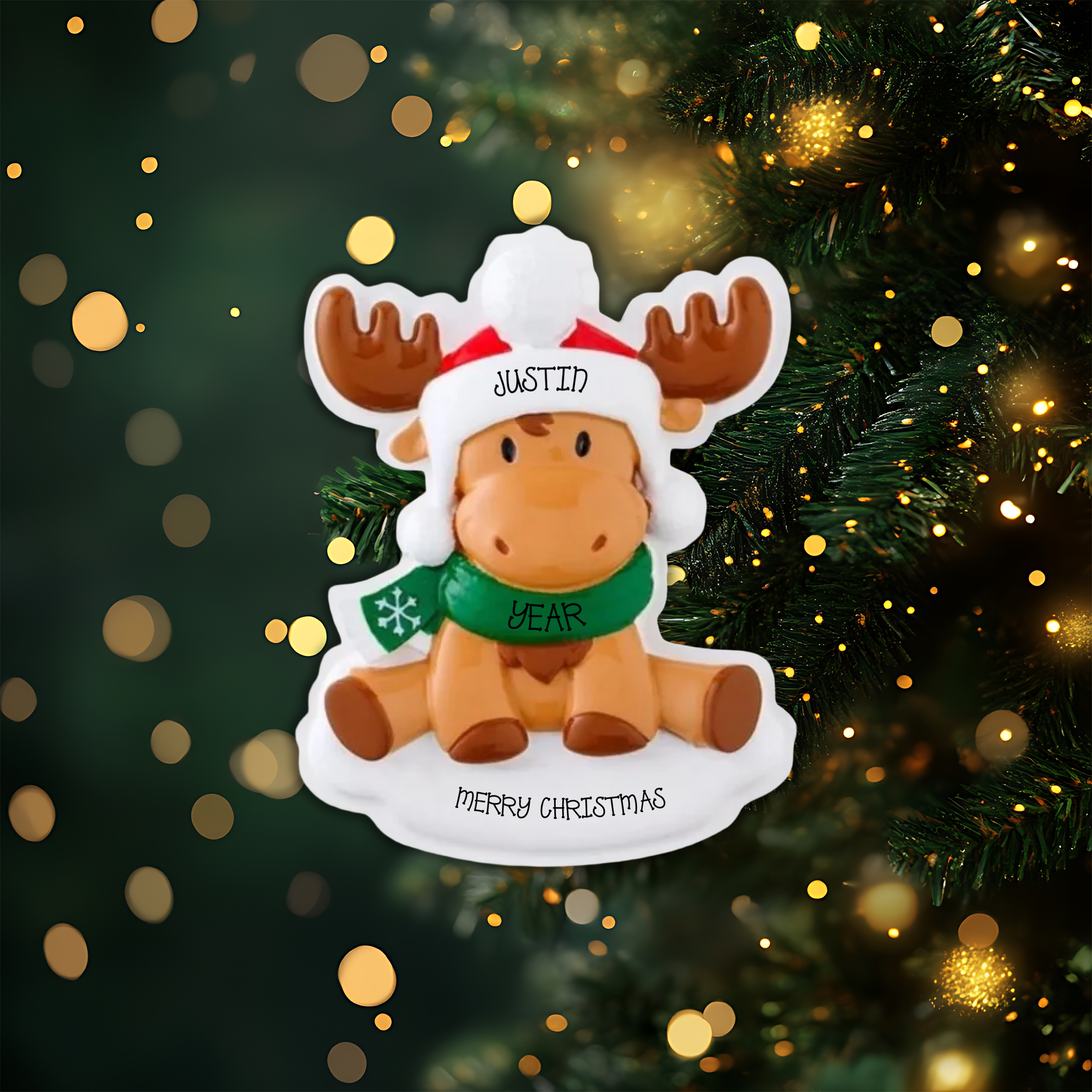 Moose Baby Red &amp; Green Personalized Christmas Ornament