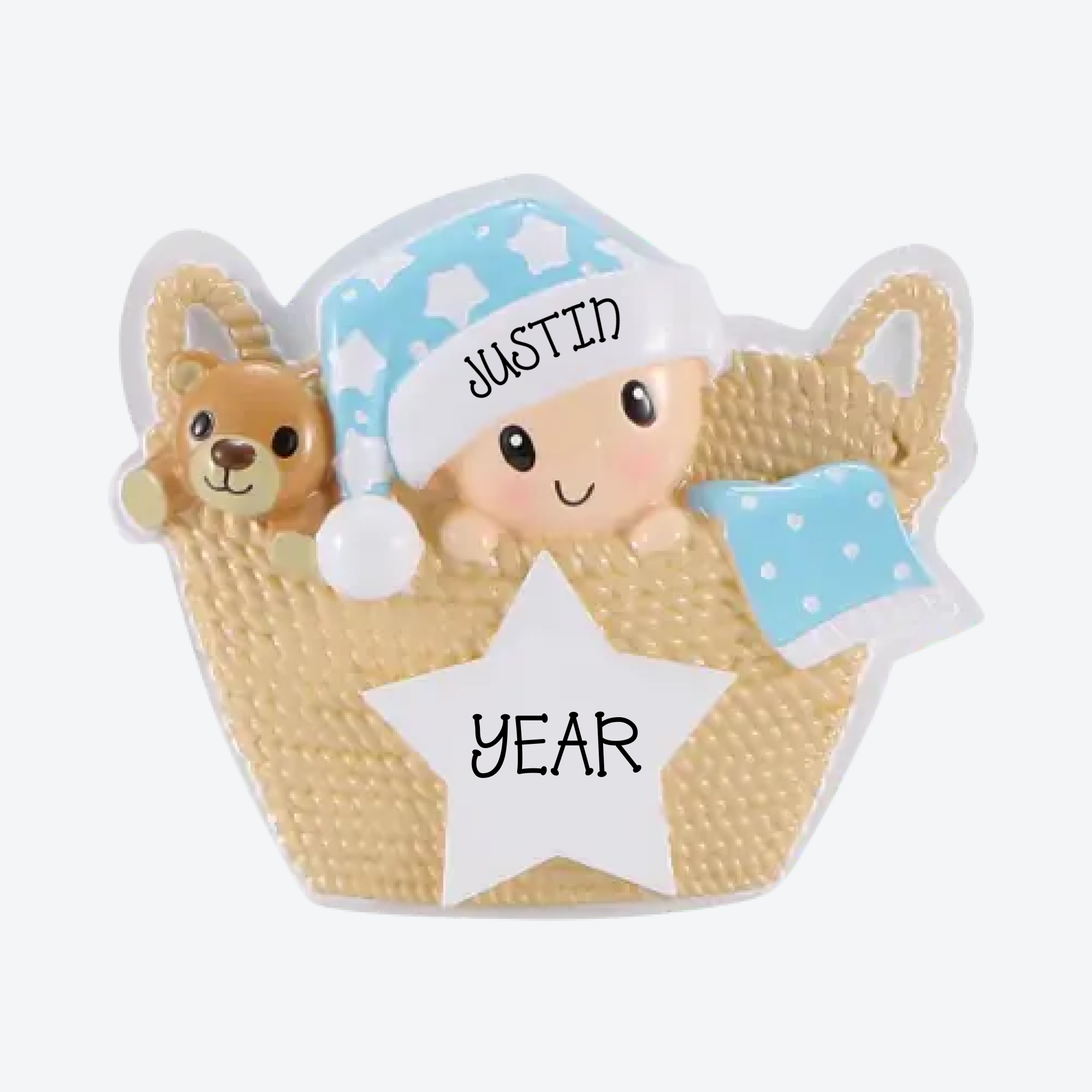 Baby in Basket Blue Personalized Christmas Ornament