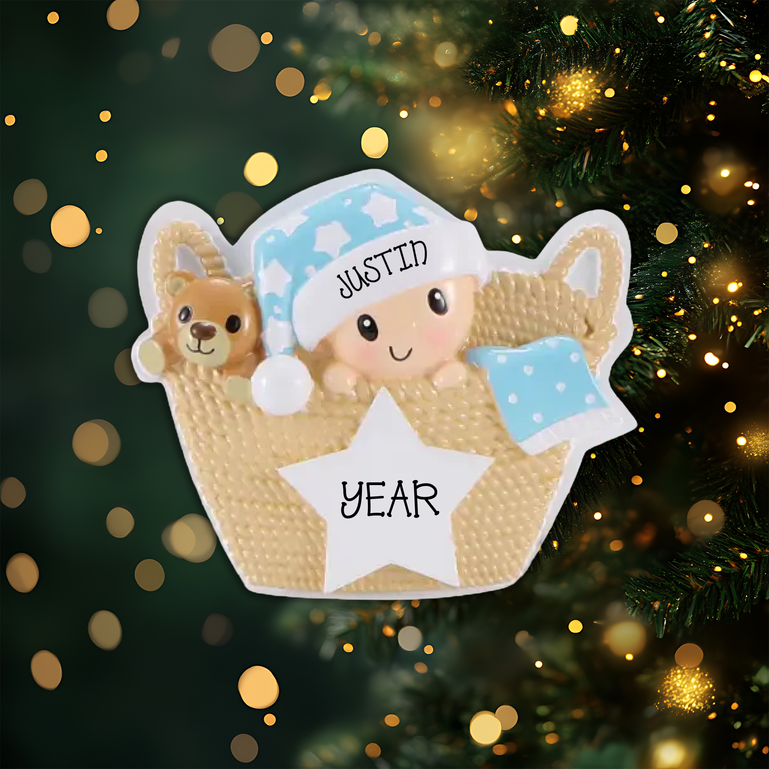 Baby in Basket Blue Personalized Christmas Ornament