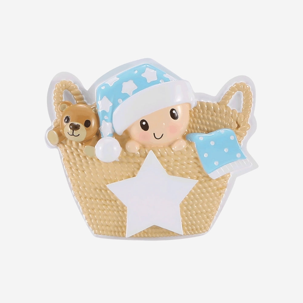 Baby in Basket Blue Personalized Christmas Ornament