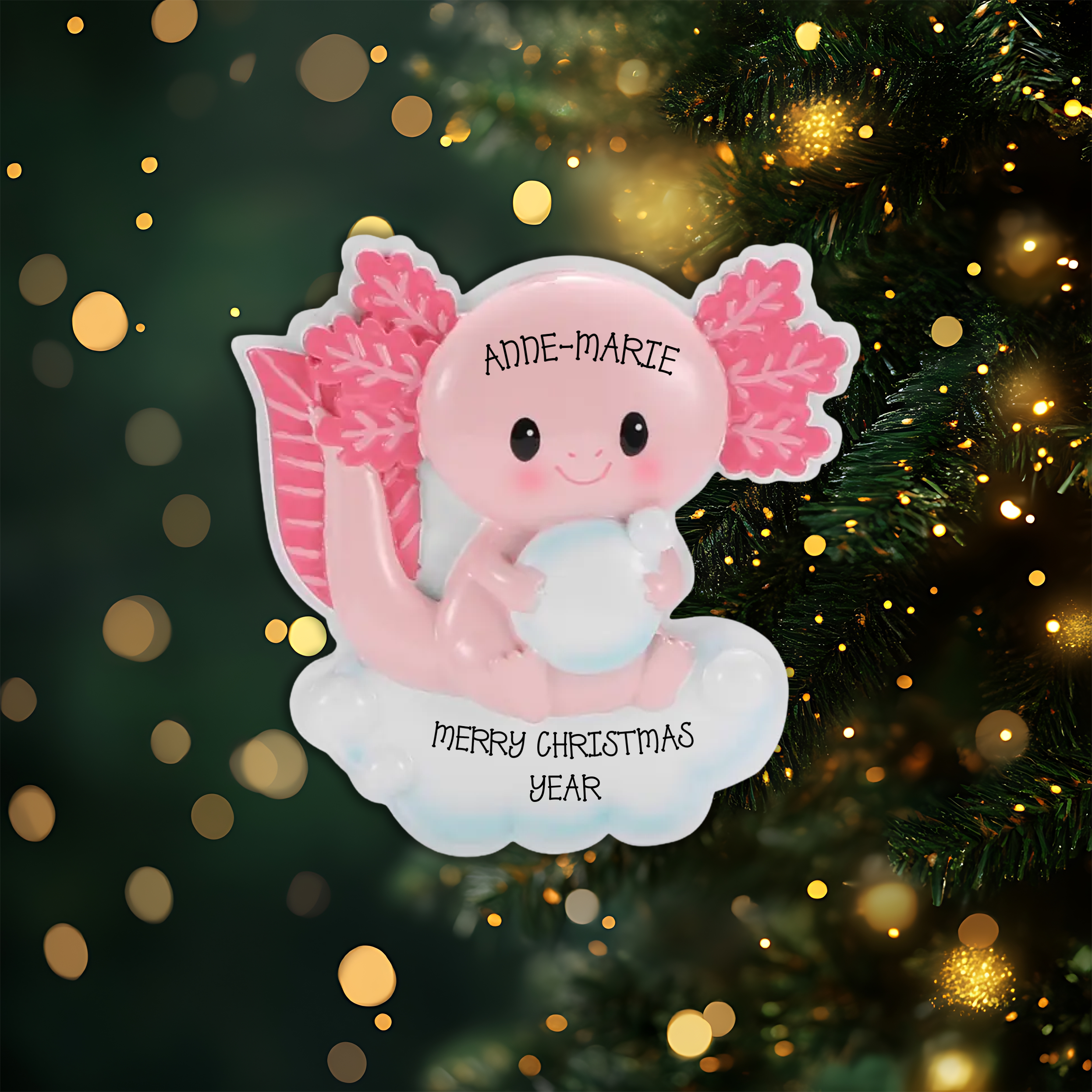Pink Axolotl Personalized Christmas Ornament