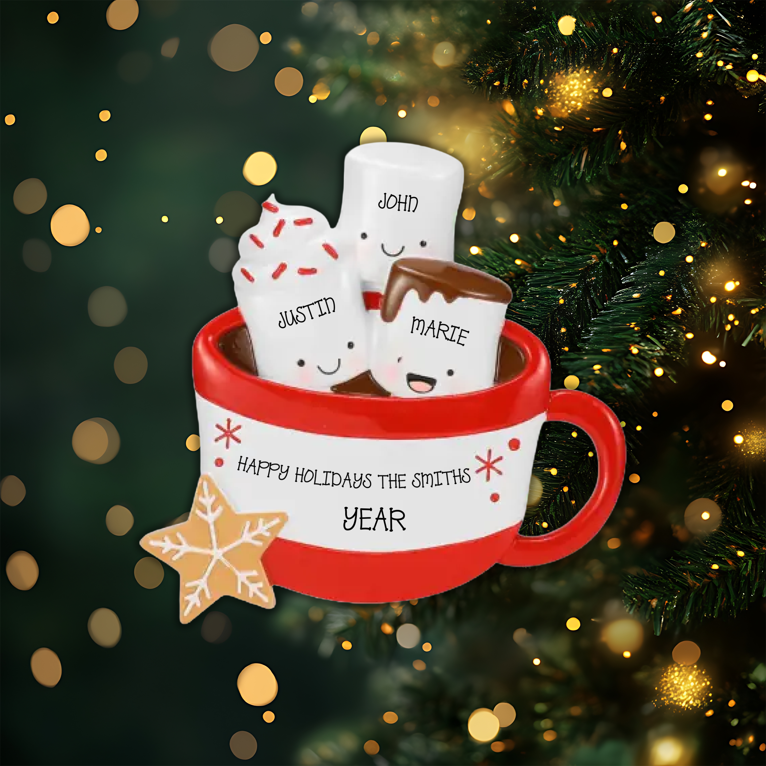 New Hot Cocoa Family of 3 Personalized Christmas Ornament