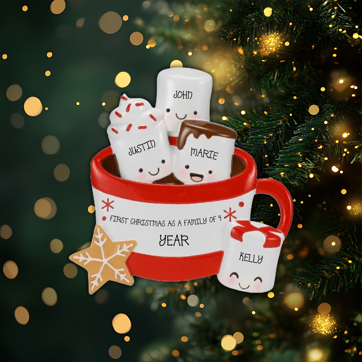 New Hot Cocoa Family of 4 Personalized Christmas Ornament