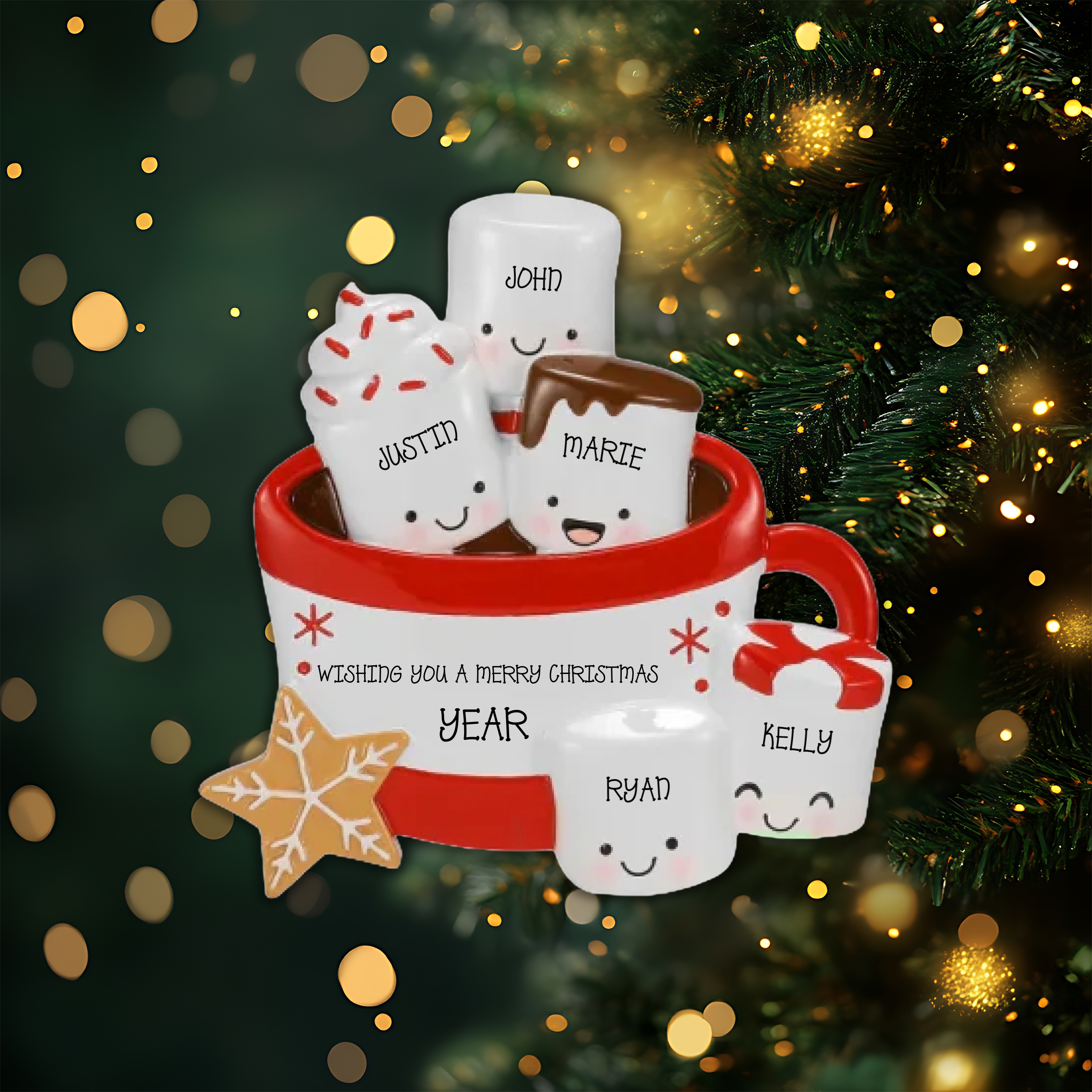 New Hot Cocoa Family of 5 Personalized Christmas Ornament