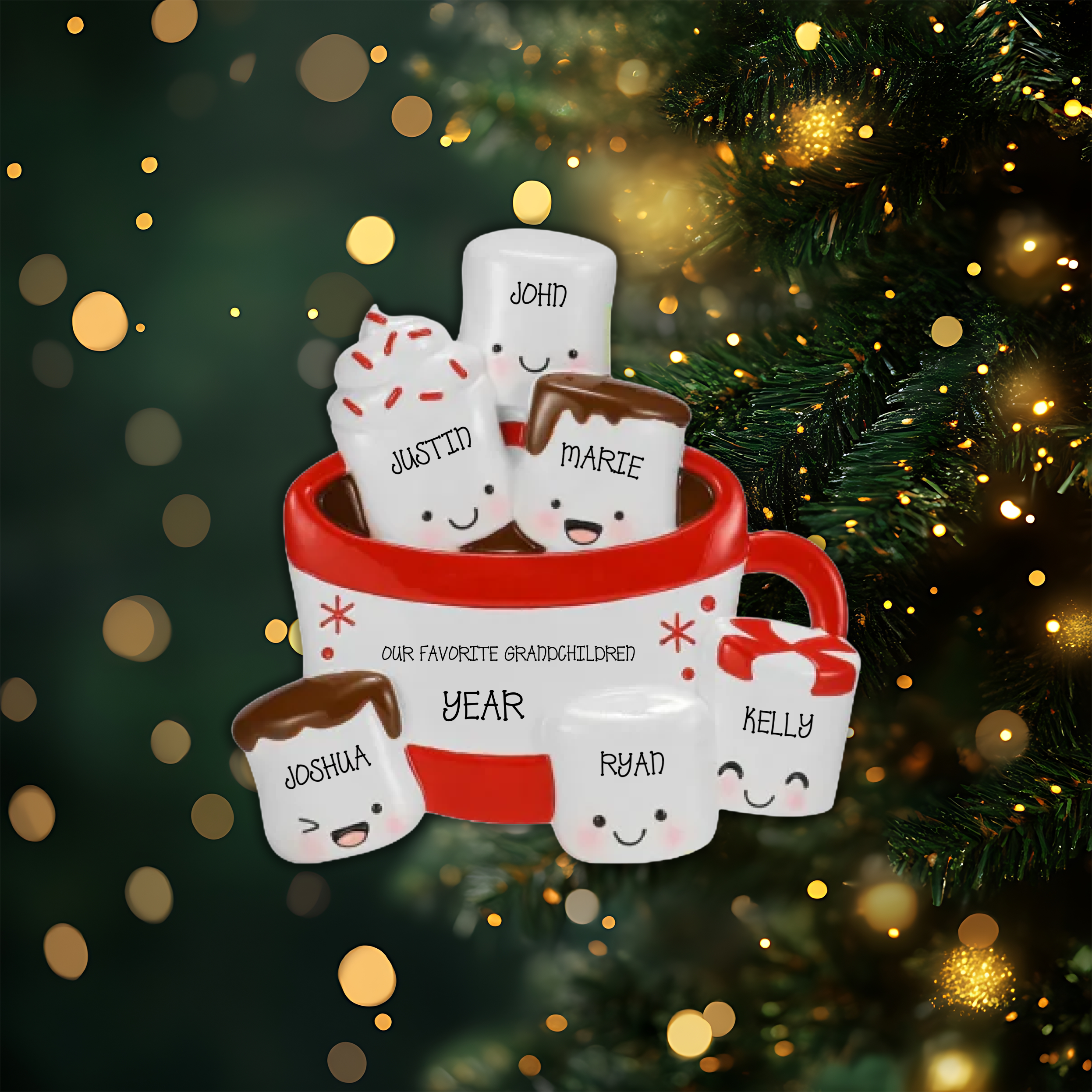 New Hot Cocoa Family of 6 Personalized Christmas Ornament