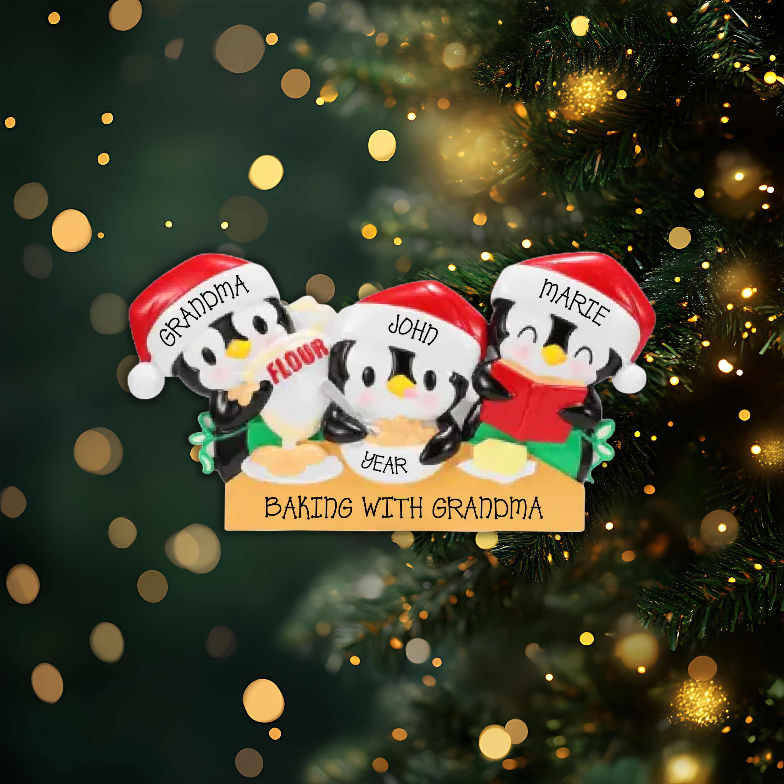 Penguin Baking Family of 3 Personalized Christmas Ornament