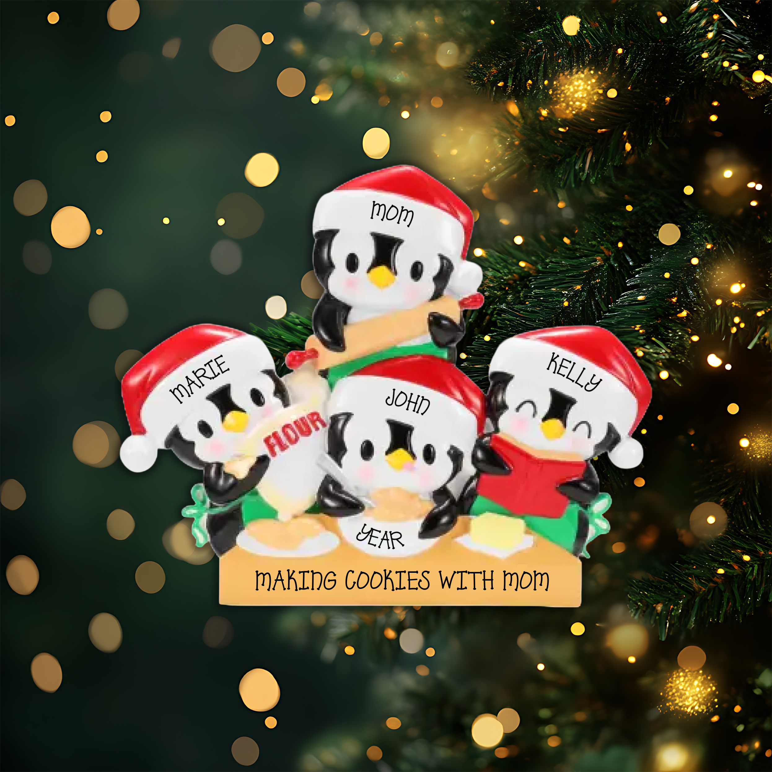 Penguin Baking Family of 4 Personalized Christmas Ornament