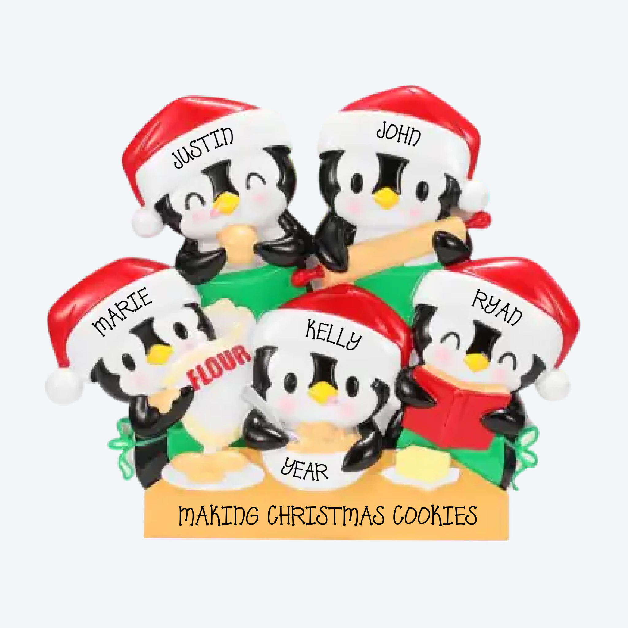 Penguin Baking Family of 5 Personalized Christmas Ornament