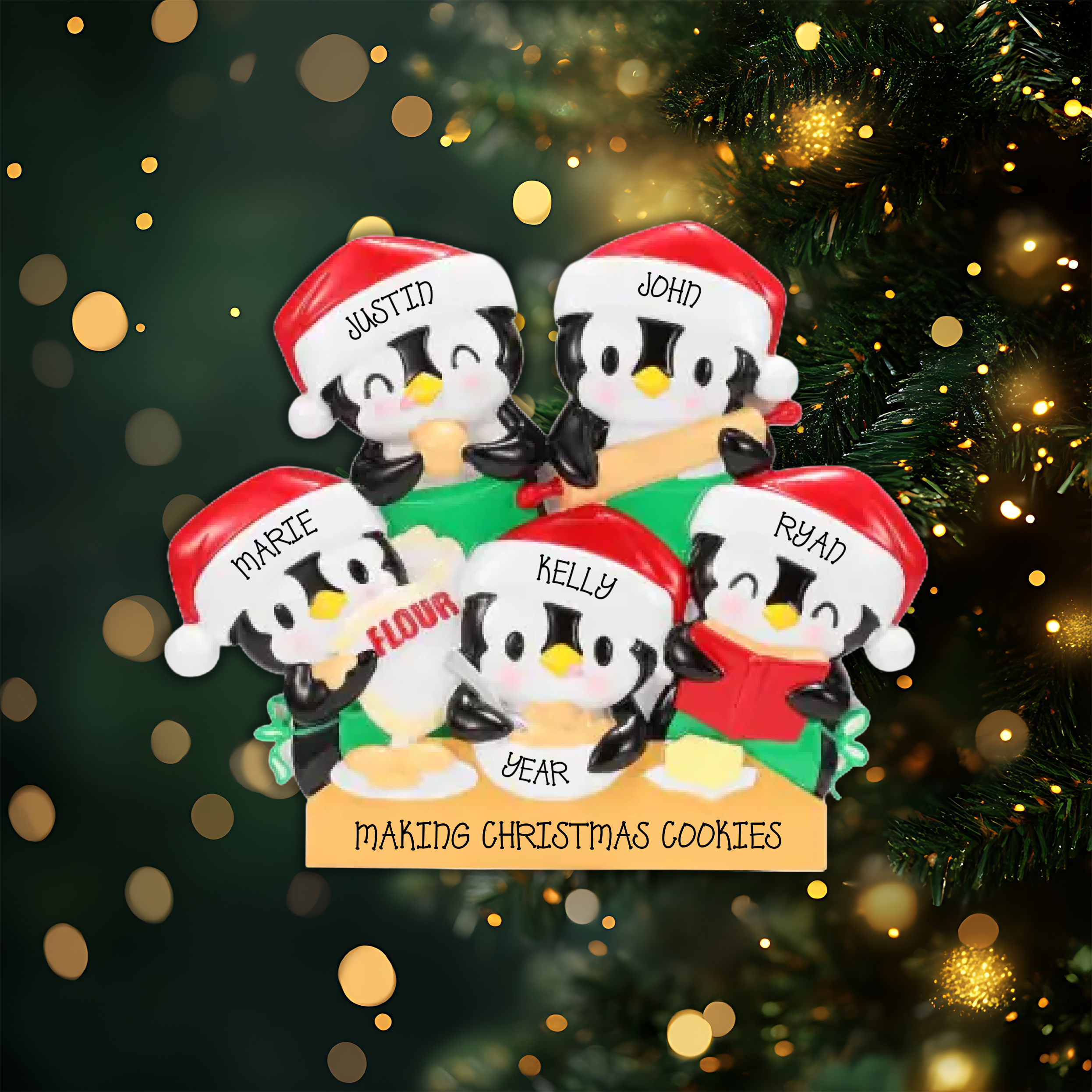 Penguin Baking Family of 5 Personalized Christmas Ornament