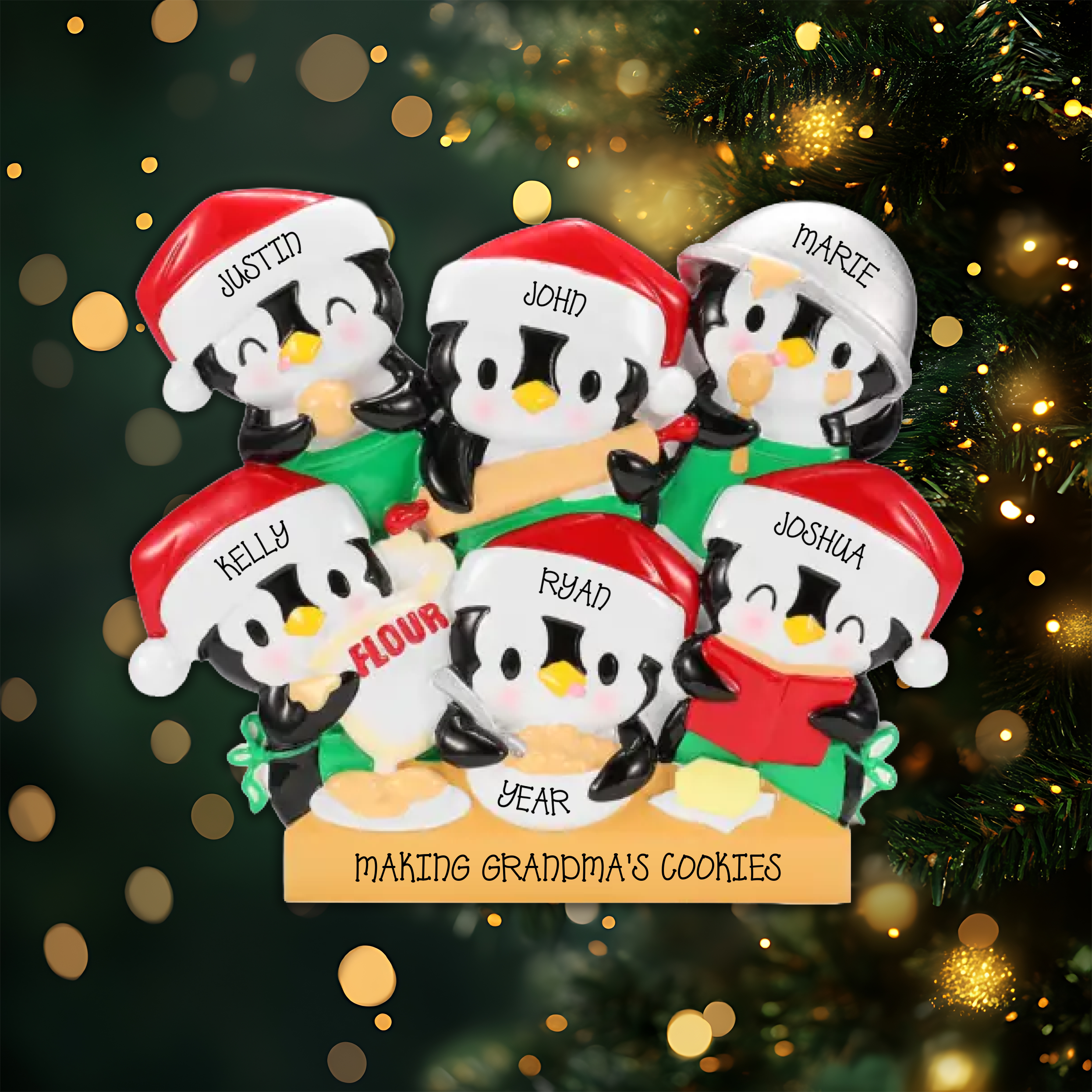 Penguin Baking Family of 6 Personalized Christmas Ornament