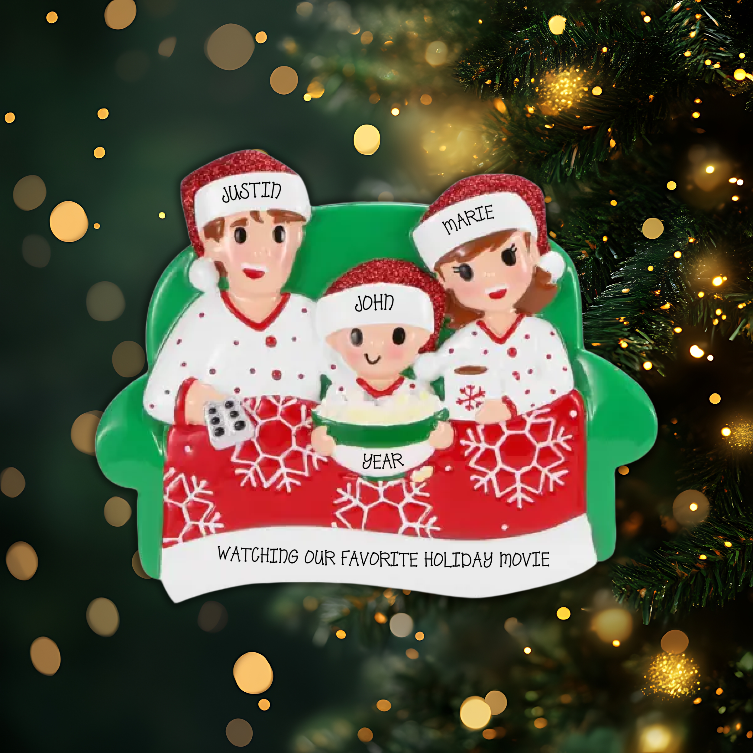 Family of 3 Movie Night Personalized Christmas Ornament