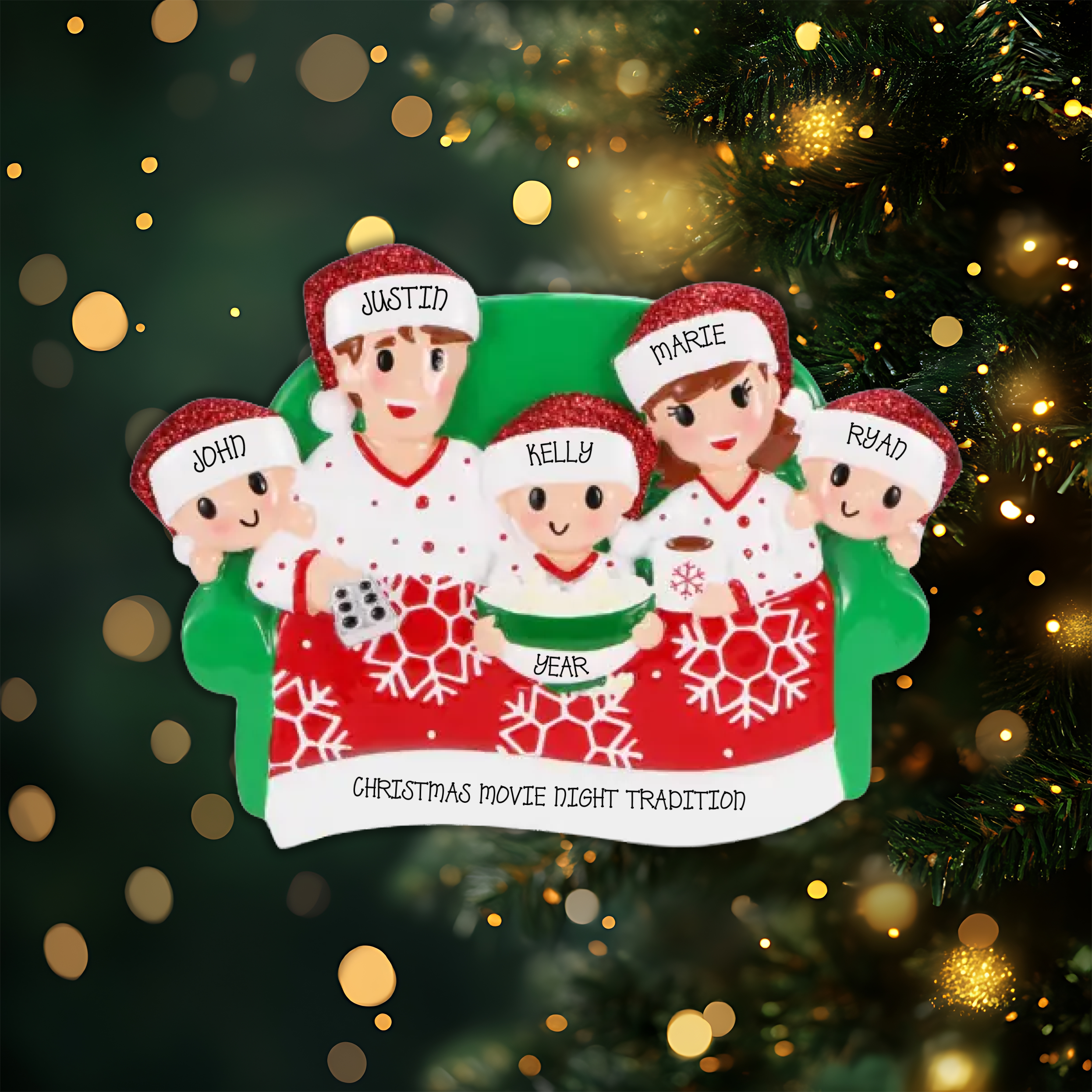 Family of 5 Movie Night Personalized Christmas Ornament
