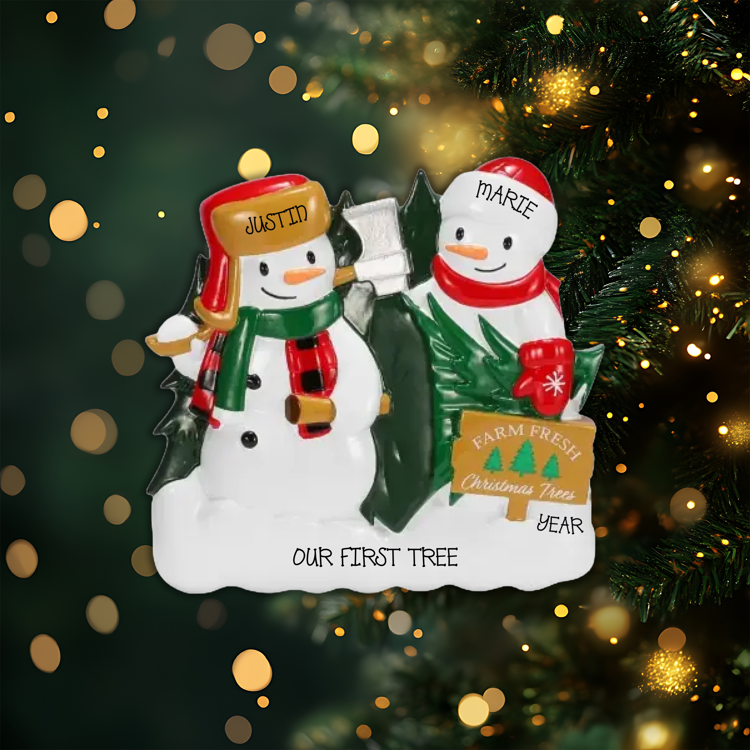 Christmas Tree Farm Snowman Couple Personalized Christmas Ornament