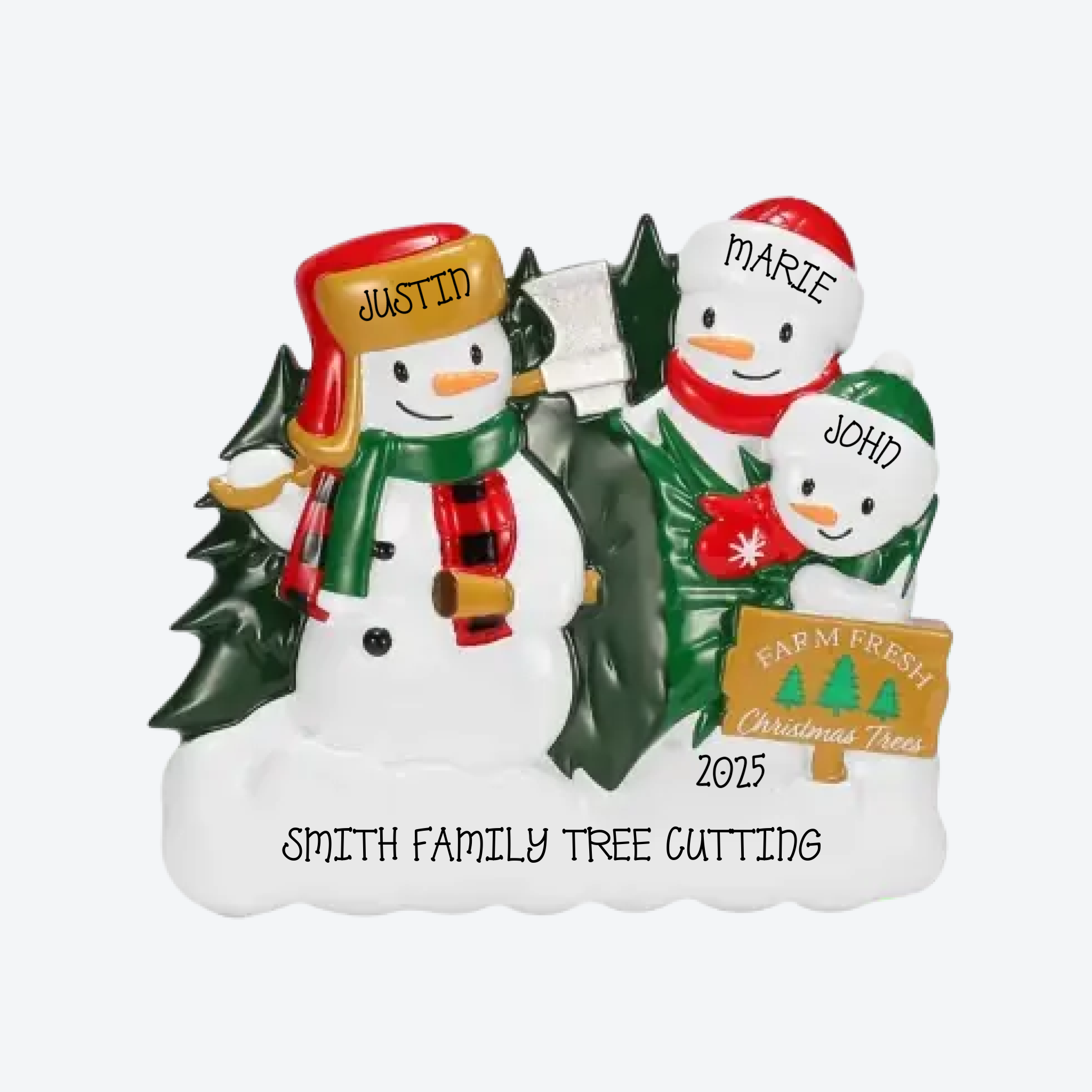 Christmas Tree Farm Snowman Family of 3 Personalized Christmas Ornament