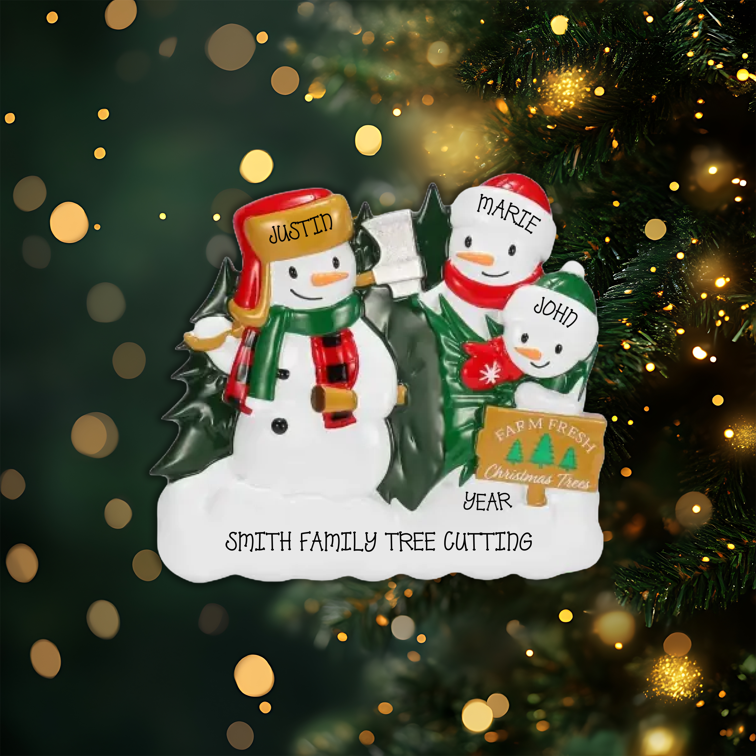 Christmas Tree Farm Snowman Family of 3 Personalized Christmas Ornament